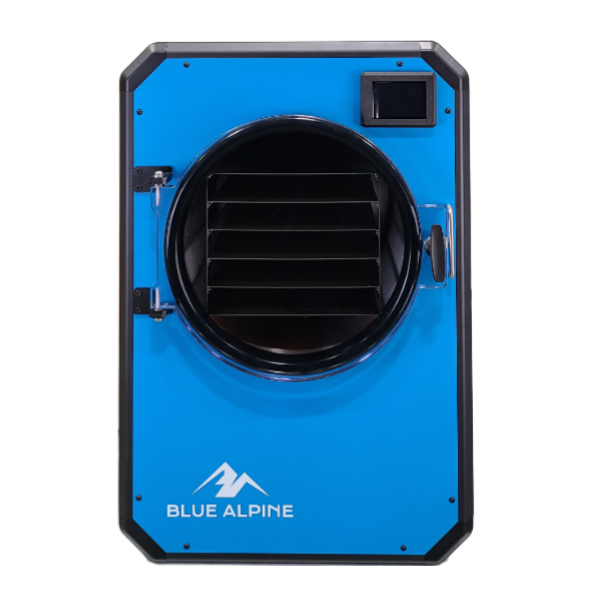 Large blue freeze dryer with round door, visible rack shelves, and top control display