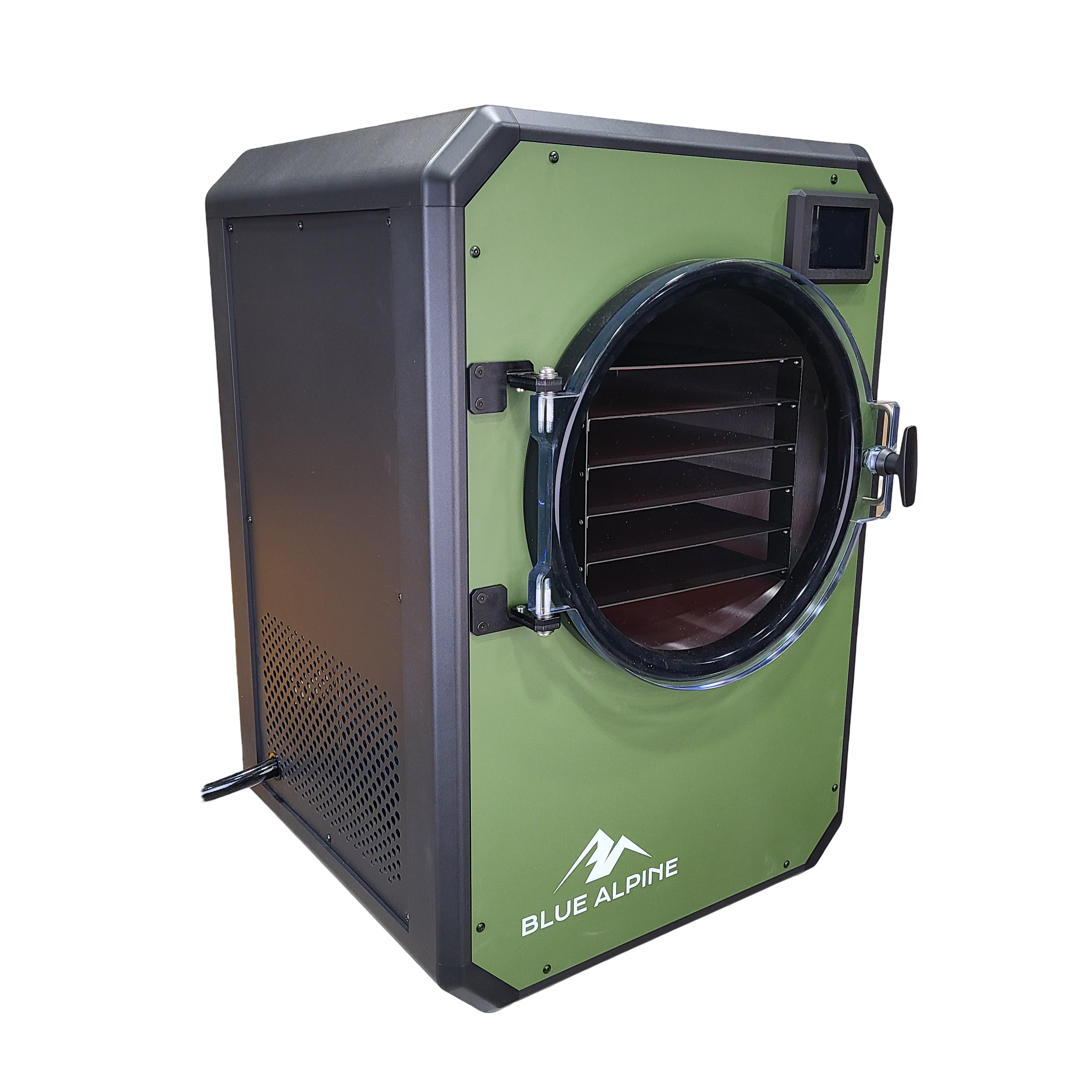 Green freeze dryer with open round door and side ventilation panel, 3/4 view.