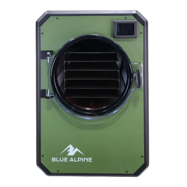 Freeze dryer unit with round door and black interior racks, green body, built-in screen