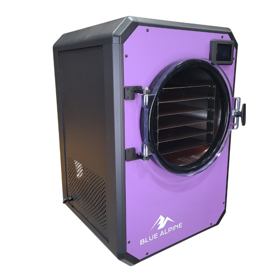 Purple freeze dryer cabinet with round door and black interior shelving