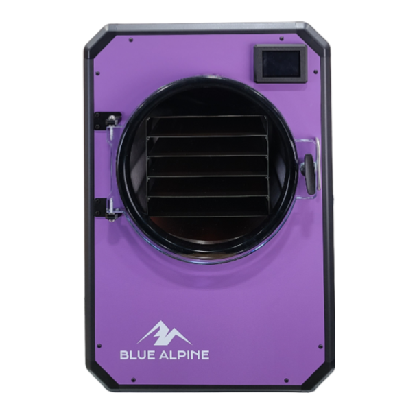 Freeze dryer unit with round door and black interior racks, purple body, digital display
