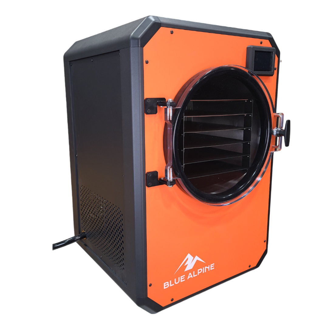 Orange freeze dryer cabinet with round door and black interior shelves