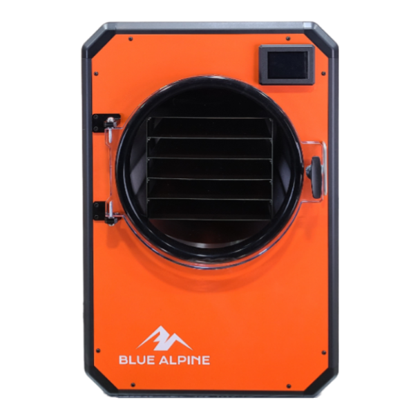 Freeze dryer unit with round door and black interior racks, orange body, small digital display
