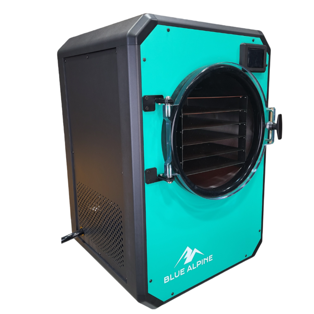 Teal freeze dryer cabinet with round door and black interior shelving