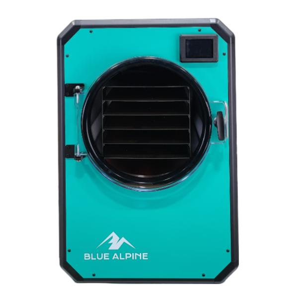 Teal freeze dryer unit with round front door and visible internal racks, front view.