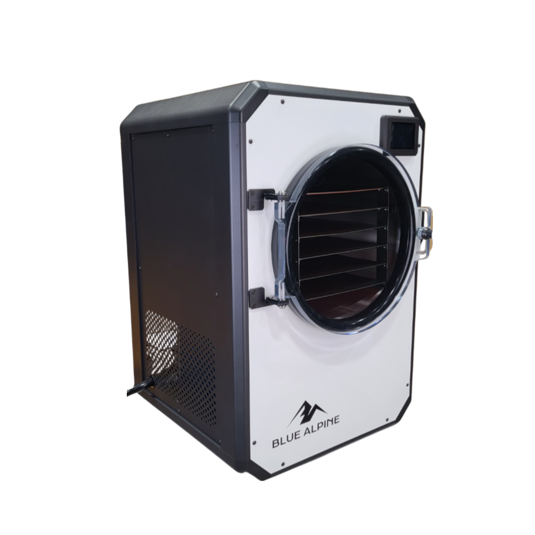 White freeze dryer cabinet with round door and black interior shelving