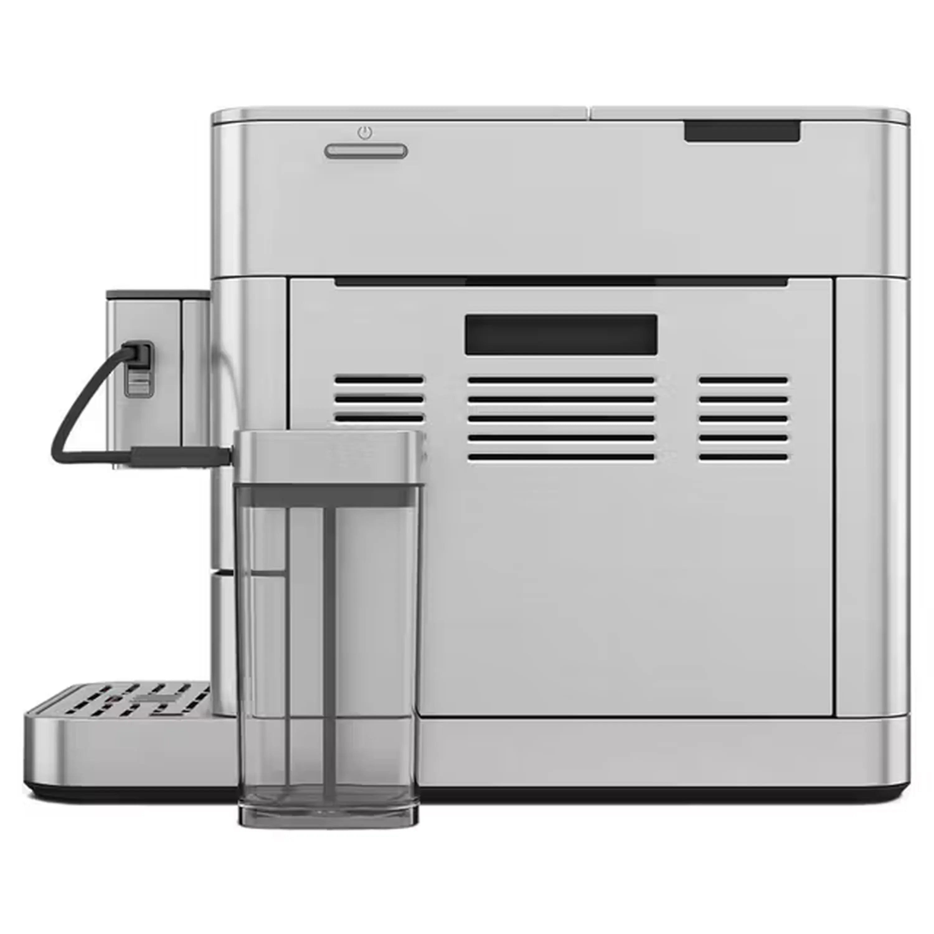 Stainless automatic espresso machine side view with drip area and milk spout