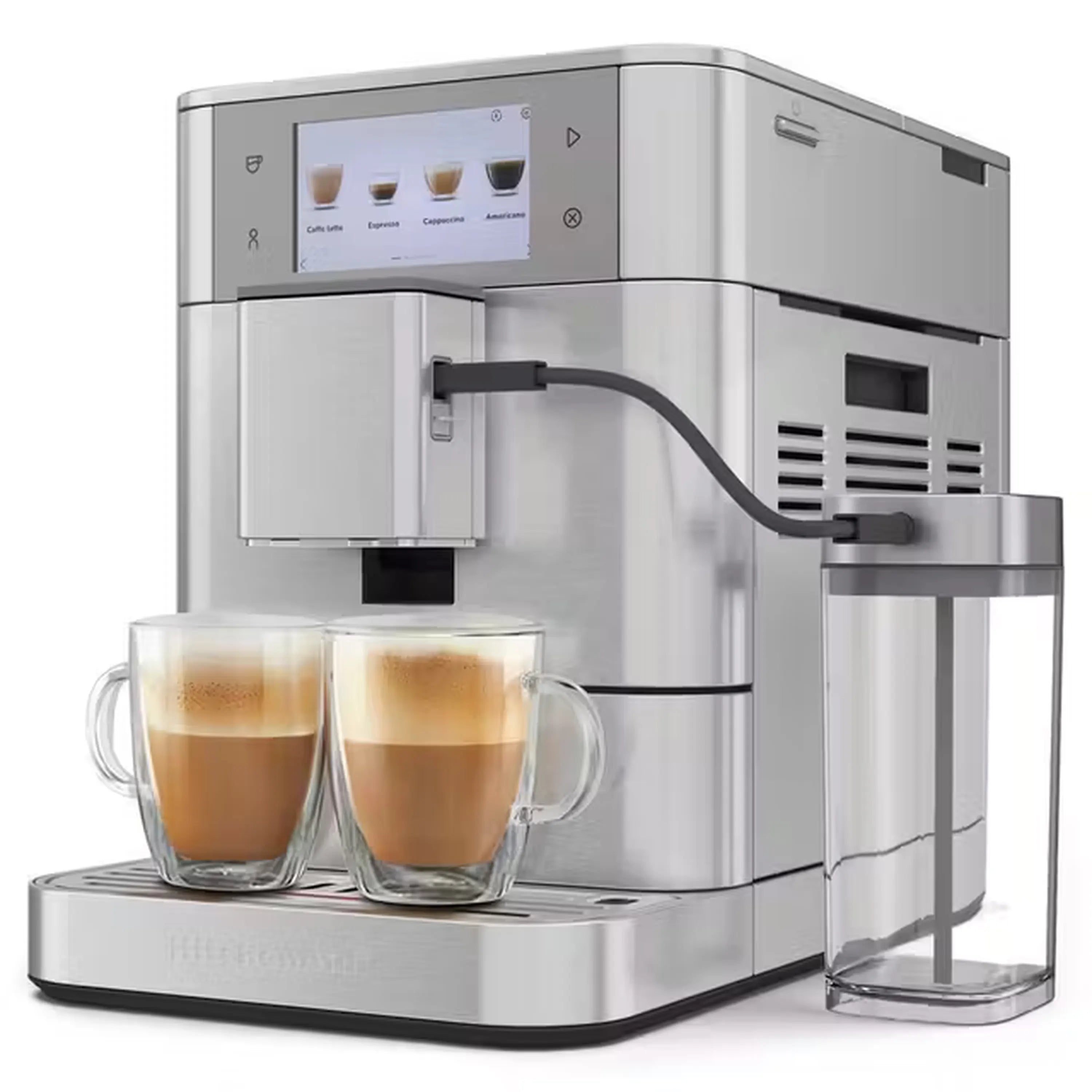 Stainless automatic espresso machine with milk container and two glass cups