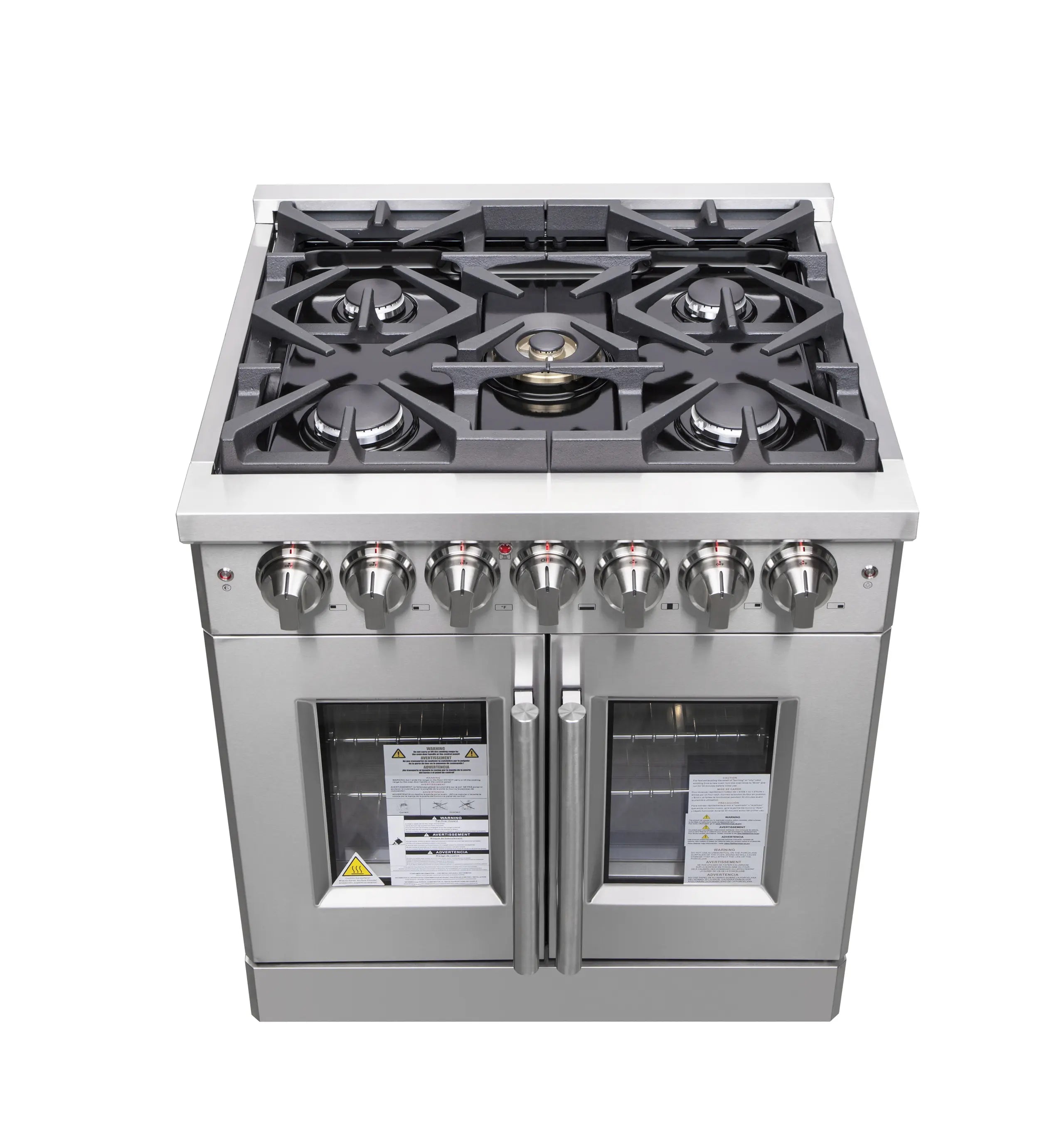 Stainless steel freestanding gas range with black grate burners and dual oven doors