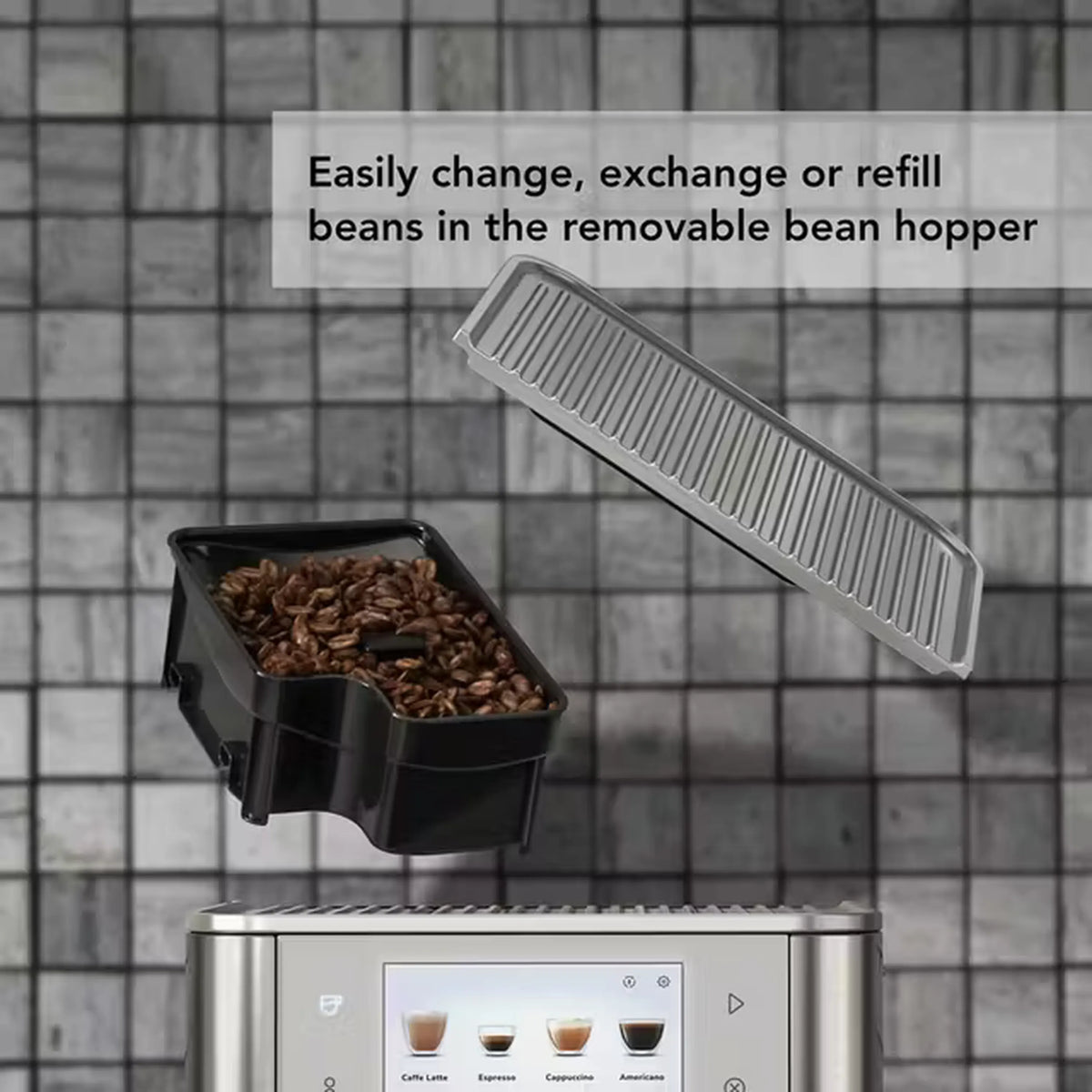 Fully automatic espresso machine with removable bean hopper holding coffee beans