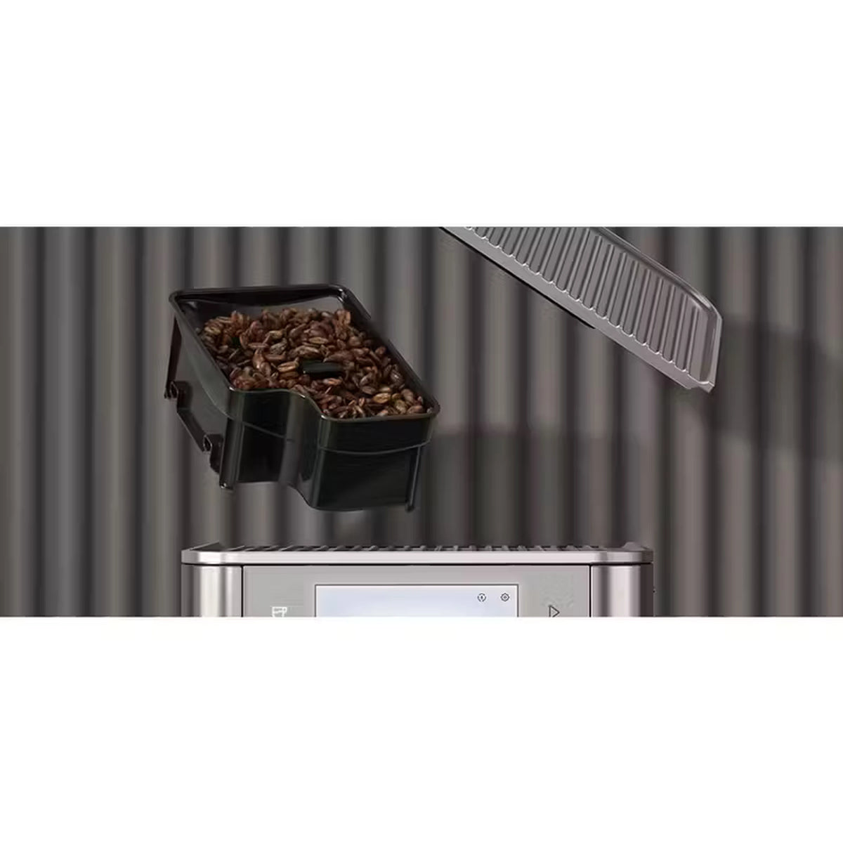 Bean hopper attachment feeding coffee beans into fully automatic espresso machine
