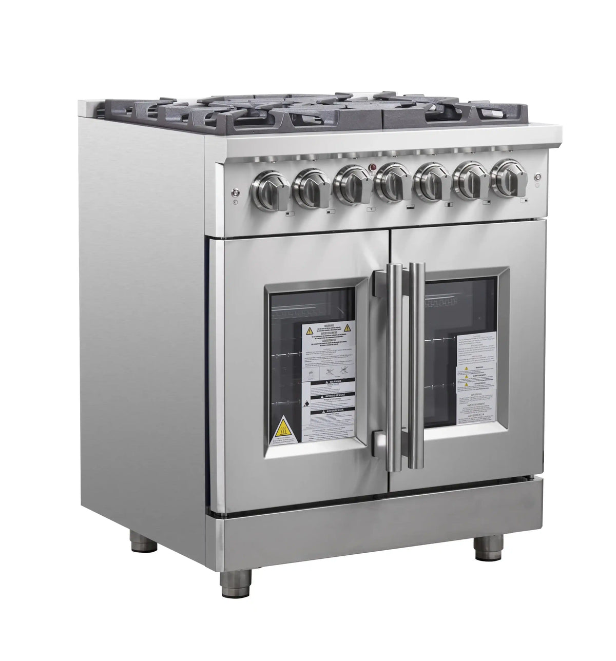 Stainless steel dual-fuel range with front control knobs and double oven doors