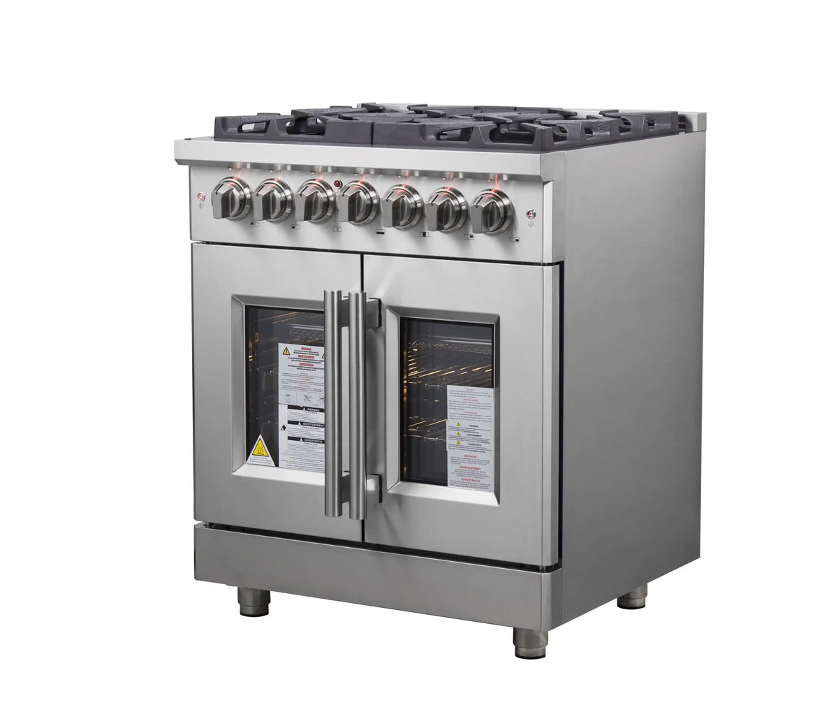 Stainless steel freestanding range with front control knobs and two oven doors