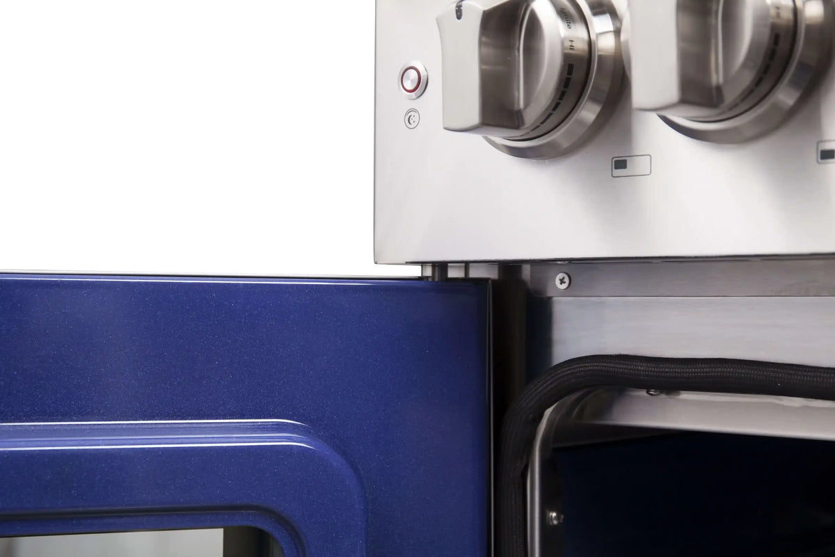 Stainless steel range lower front panel with blue storage panel and hardware