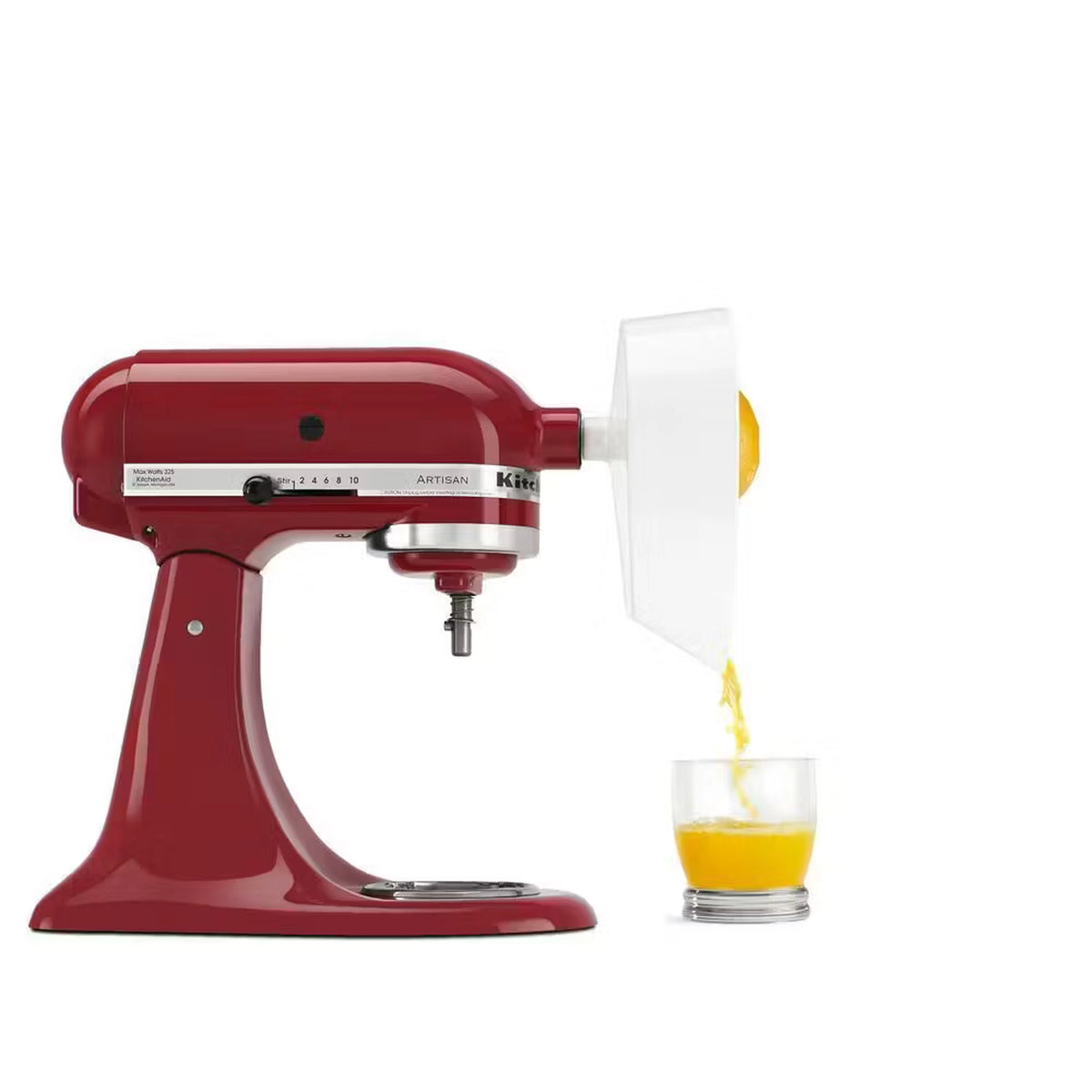 Citrus juicer attachment with reamer cone attached to red stand mixer.