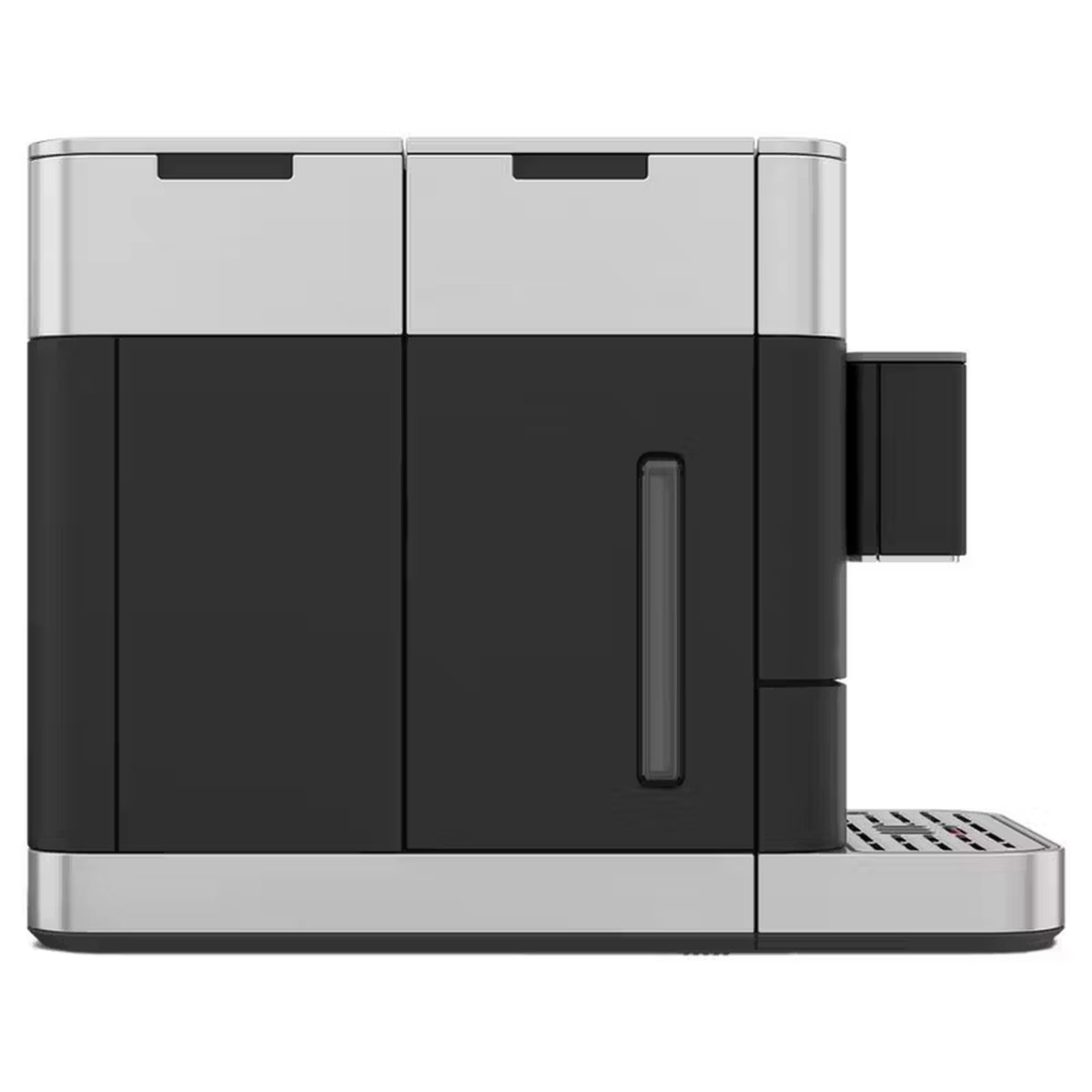 Black and stainless espresso machine side view with serving spout and drip tray