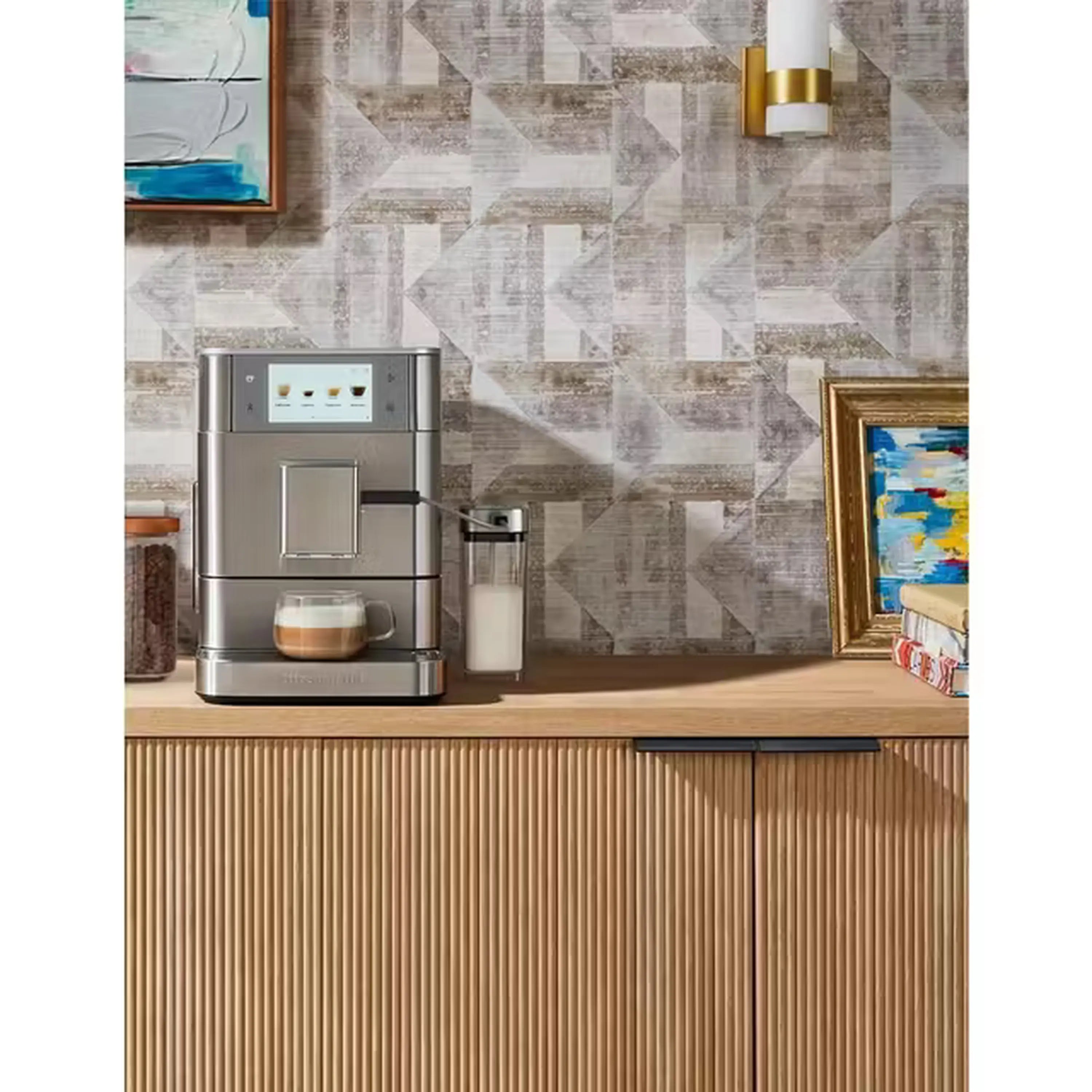 Stainless steel fully automatic espresso machine with milk container and front control panel