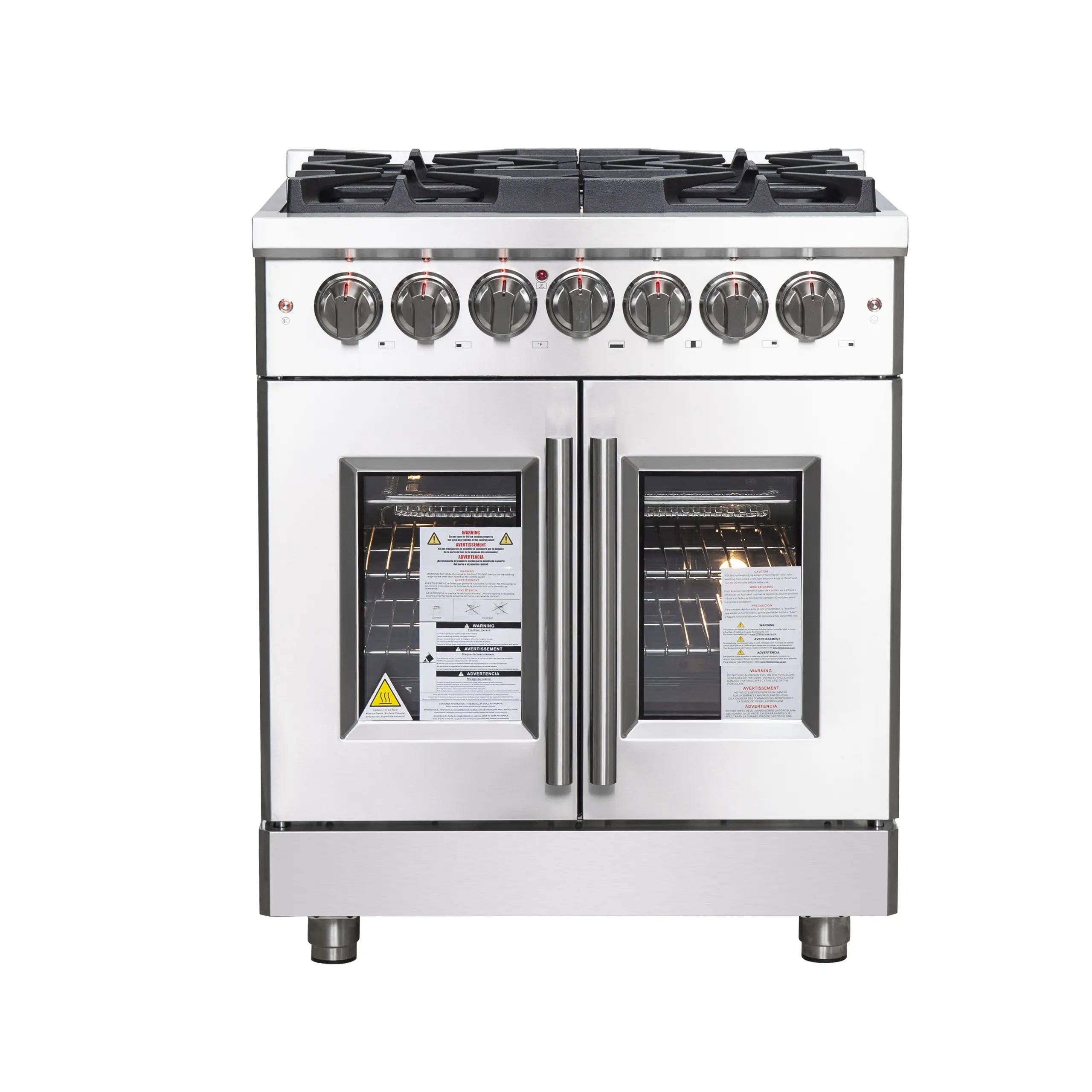 Stainless steel dual-fuel range with knob row and dual glass oven doors