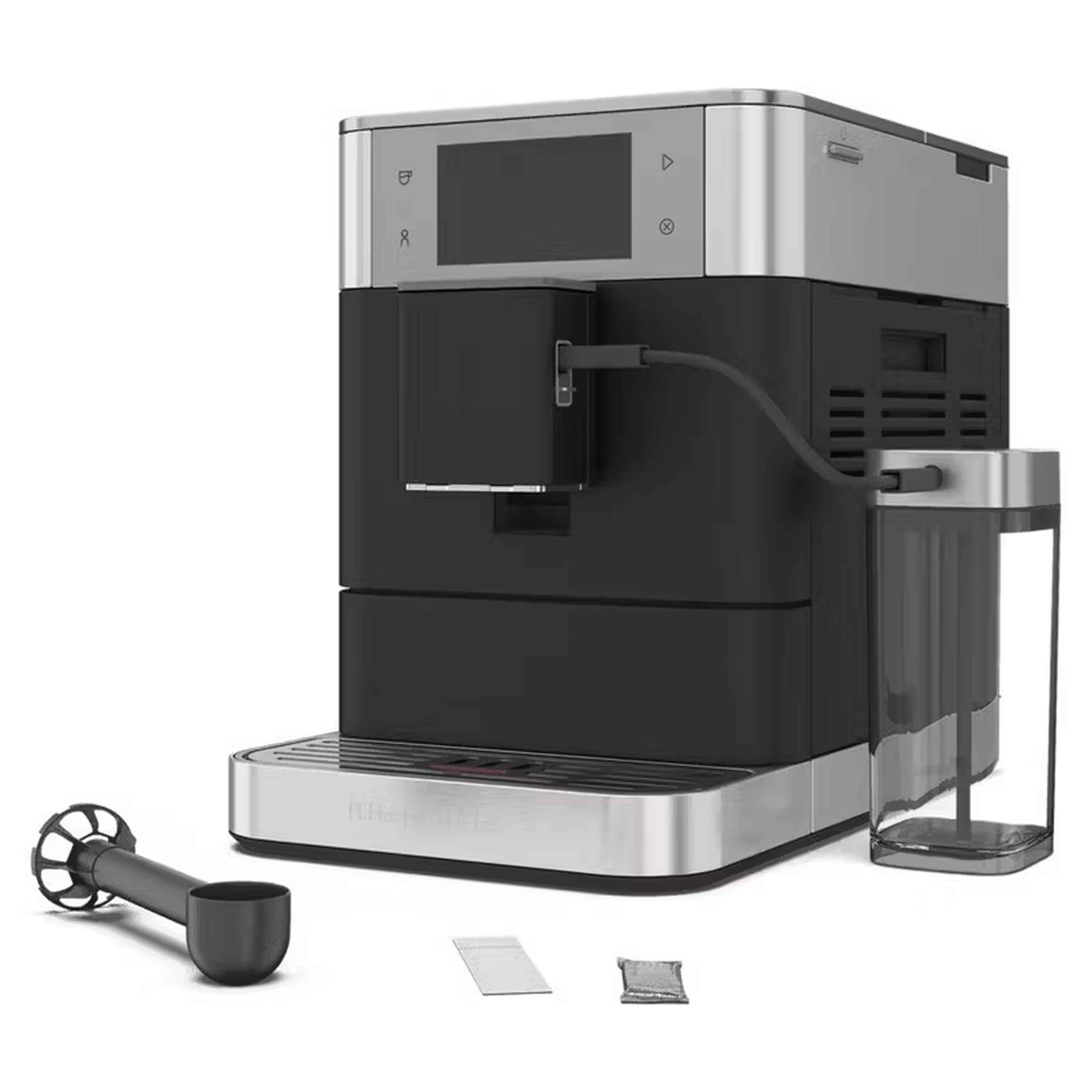 Black fully automatic espresso machine with milk tube, side drip tray, and accessories