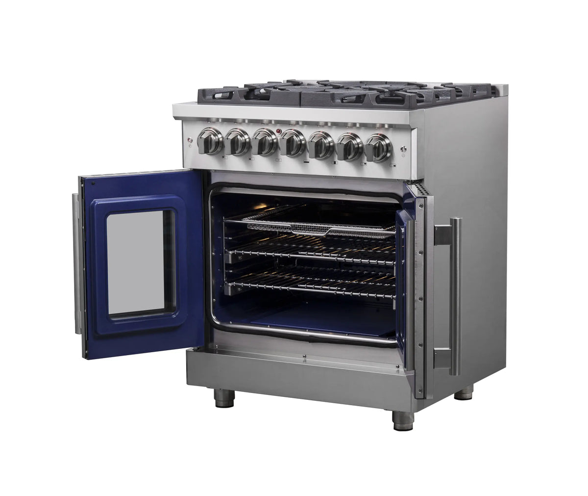 Stainless steel dual fuel range with open oven door and left access door