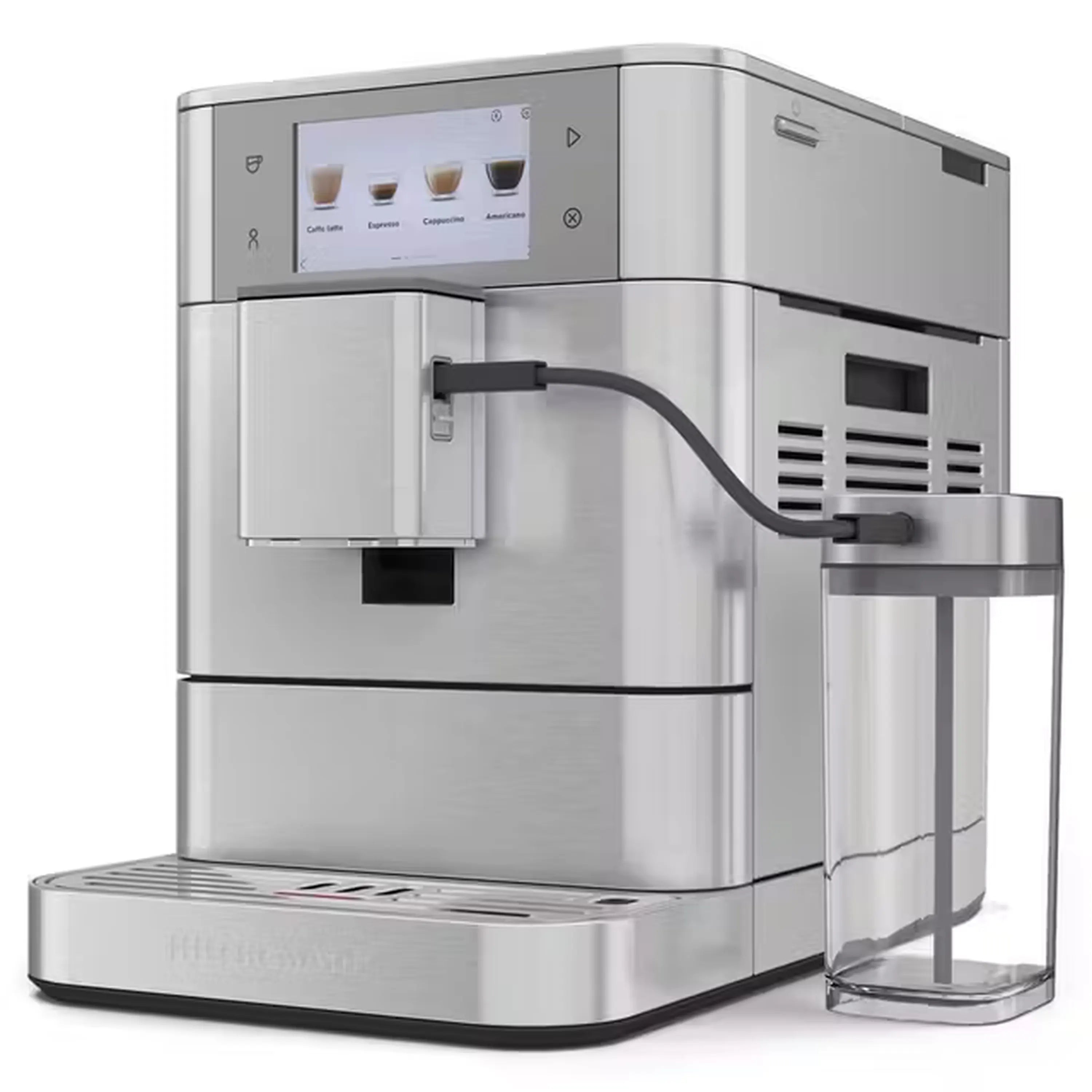 Stainless automatic espresso machine with milk container on right side