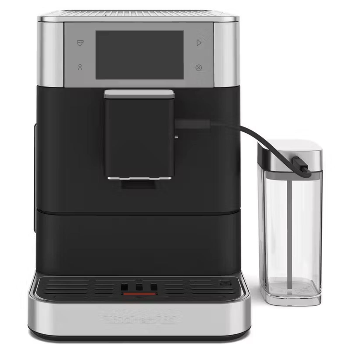 Black and stainless espresso machine with frothing outlet and milk container on right.