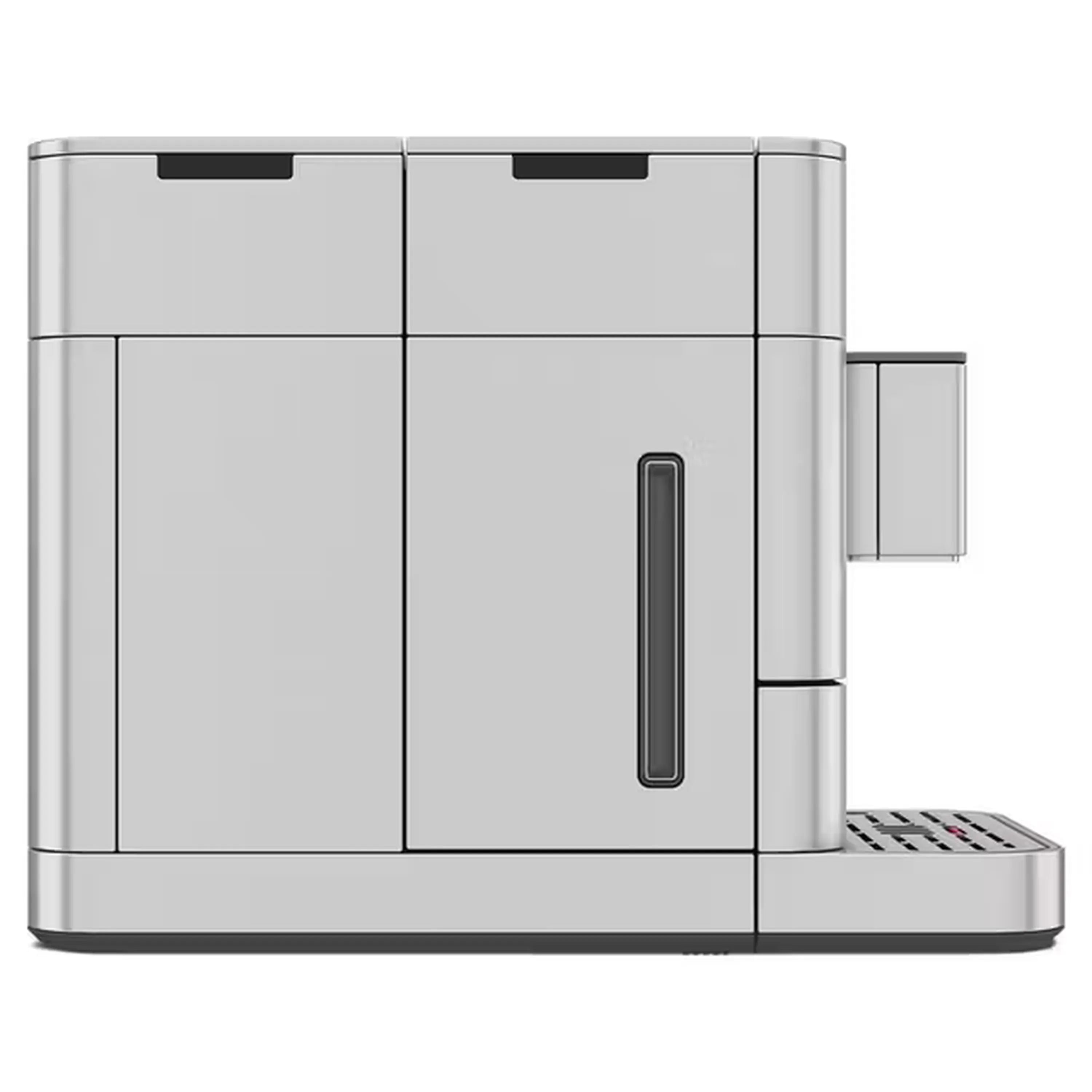 Stainless automatic espresso machine with side milk container and cup platform