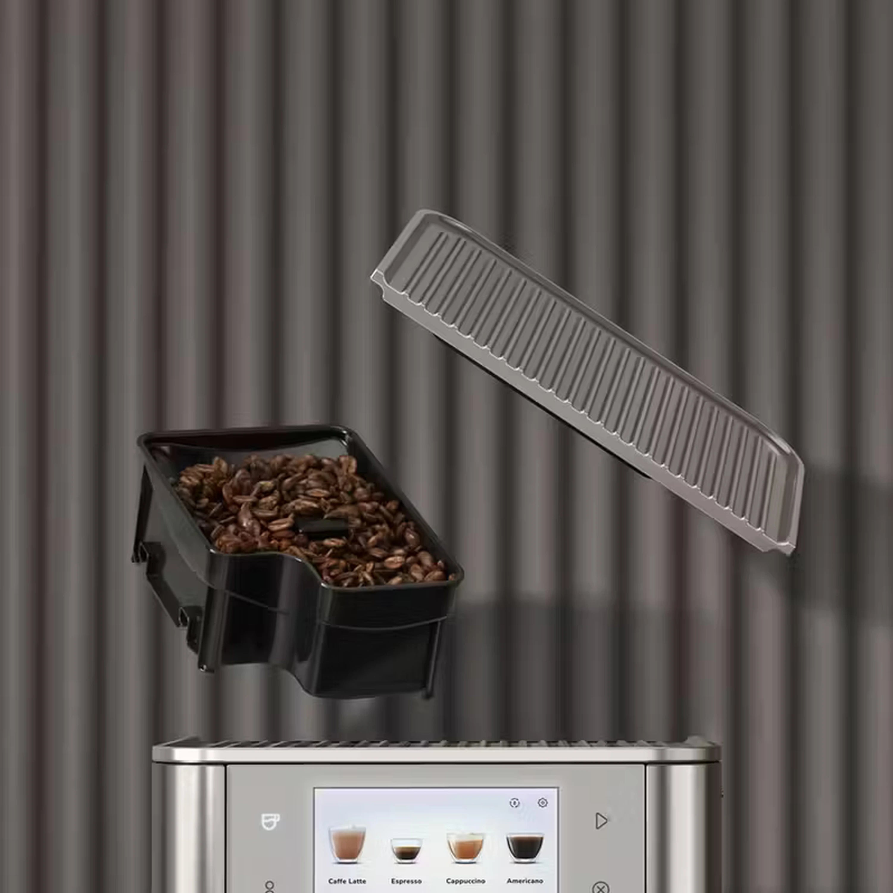 Stainless and dark fully automatic espresso machine with bean hopper and milk container