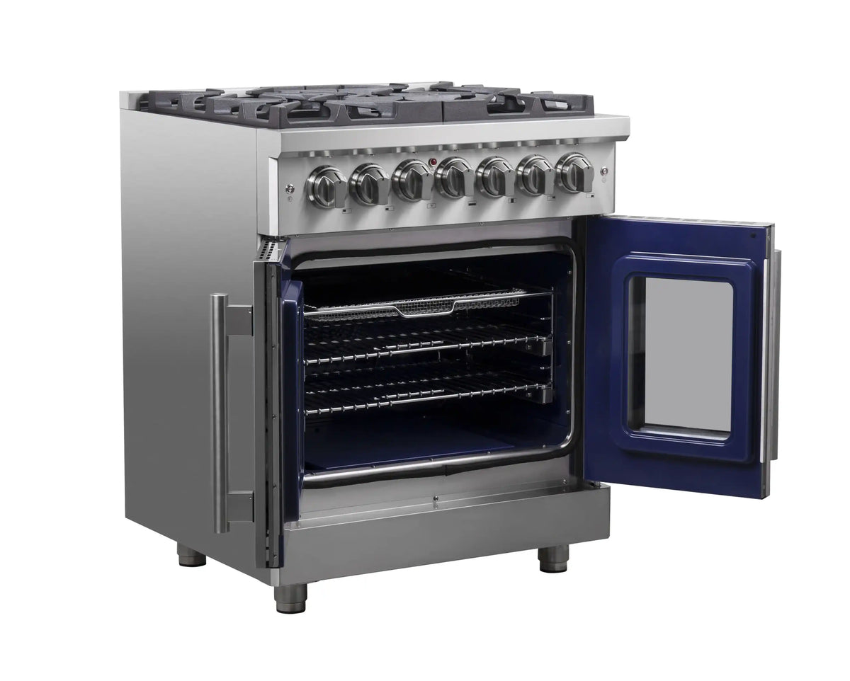 Stainless steel oven with open door, interior racks, and blue inner panel