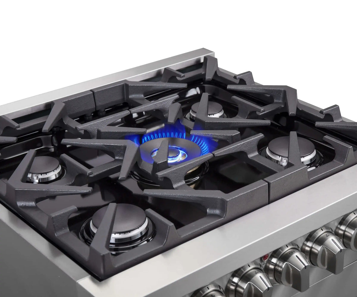Gas cooktop burner grates with blue flame and stainless steel surrounding trim