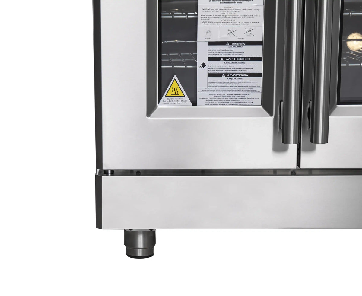 Stainless steel oven door area with side handles and safety label window