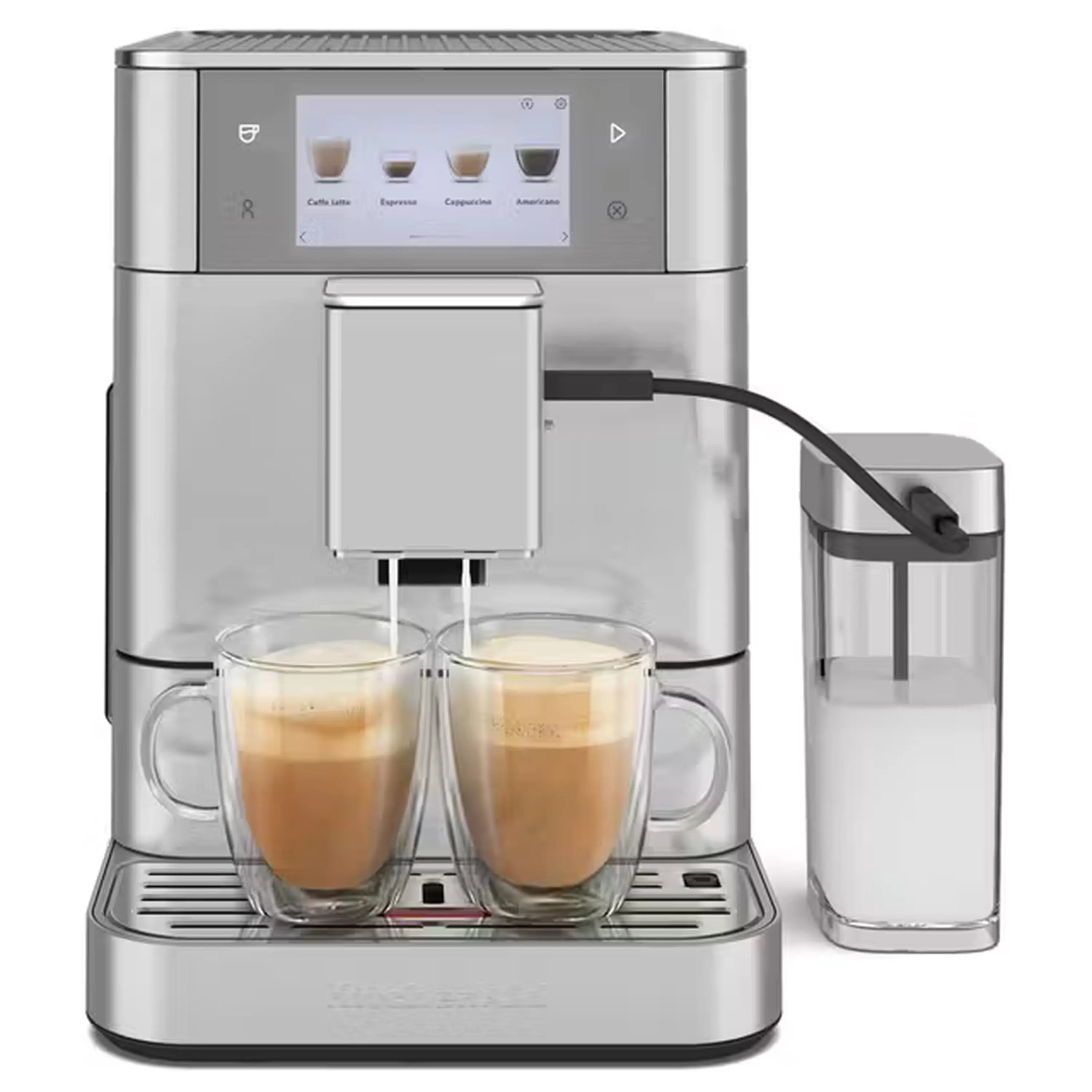 Stainless automatic espresso machine brewing with two cups on drip tray