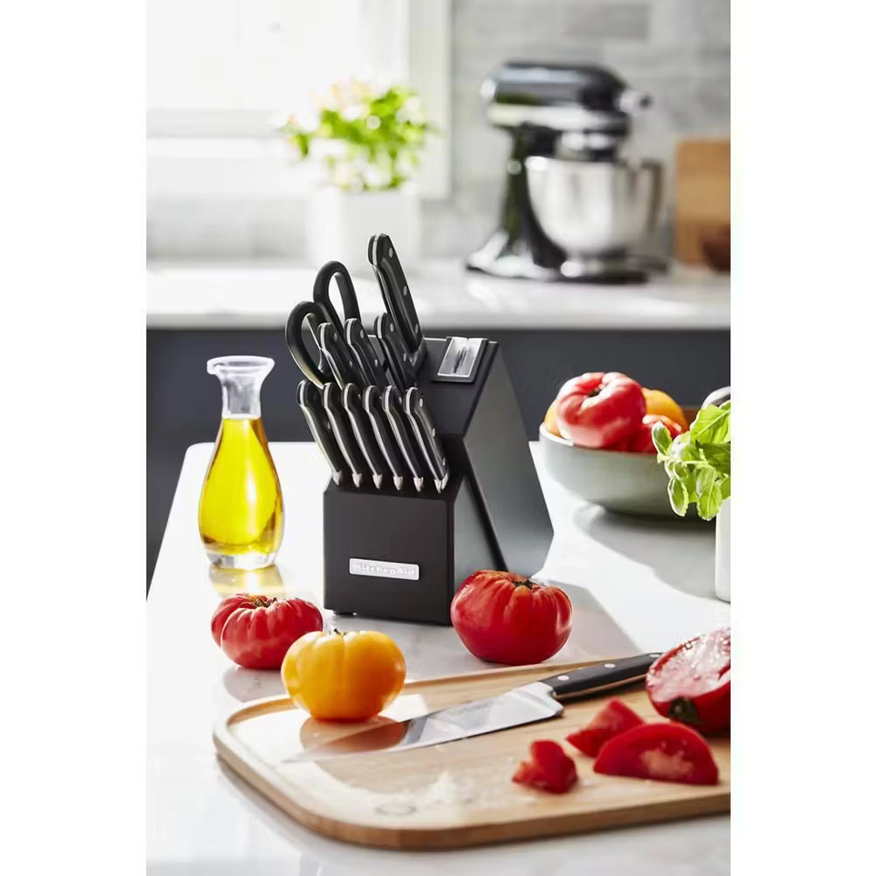 Onyx black stand mixer beside food prep items on a countertop