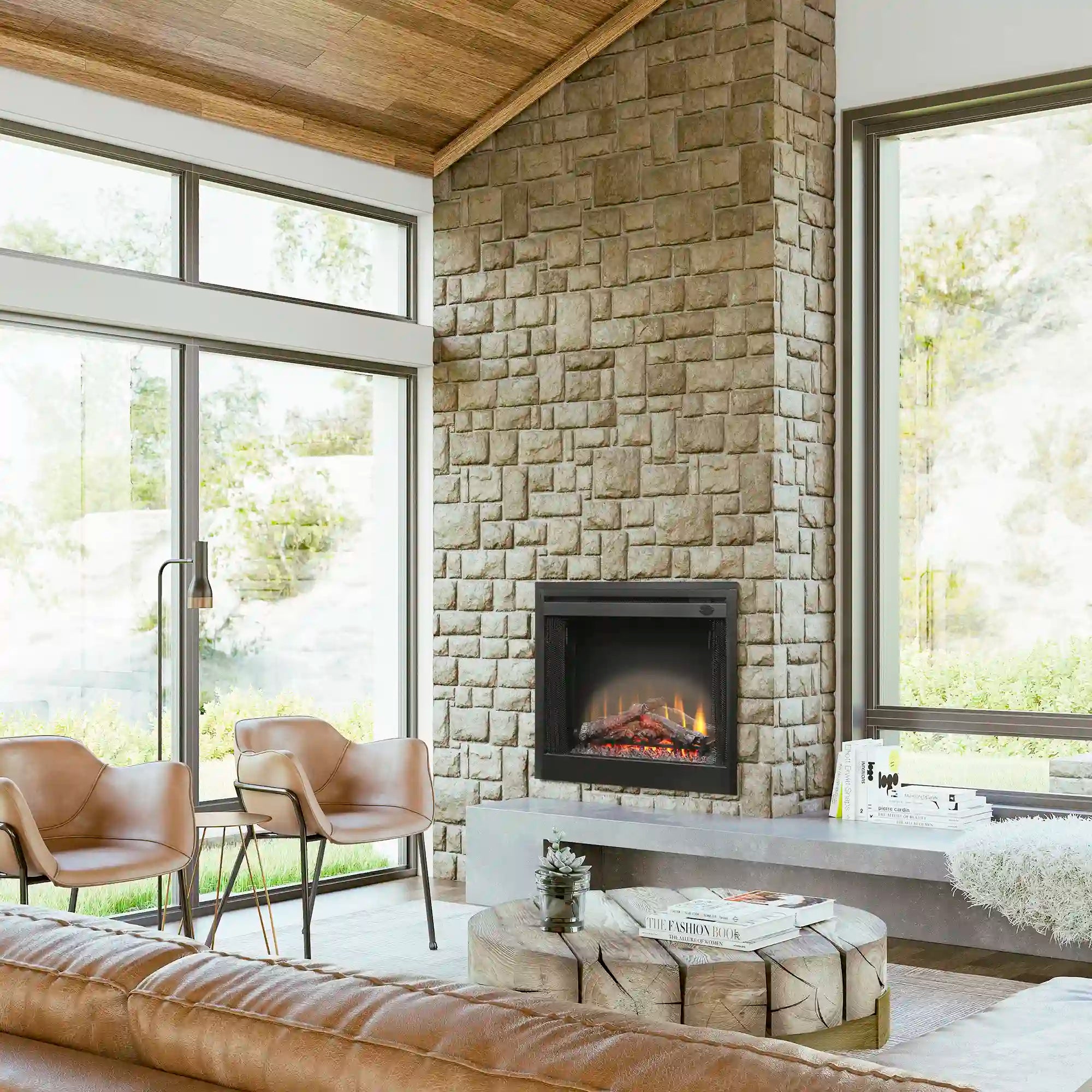 Black electric fireplace insert with glass front, set in stone fireplace surround, flames visible
