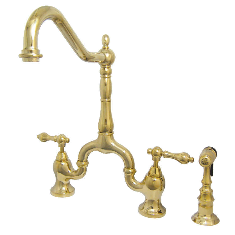 Polished brass bridge kitchen faucet with cross handles and side sprayer
