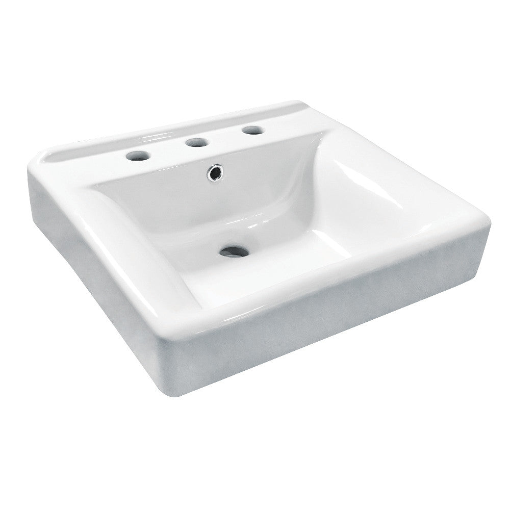 White ceramic console sink with 3-hole faucet deck and built-in drain basin