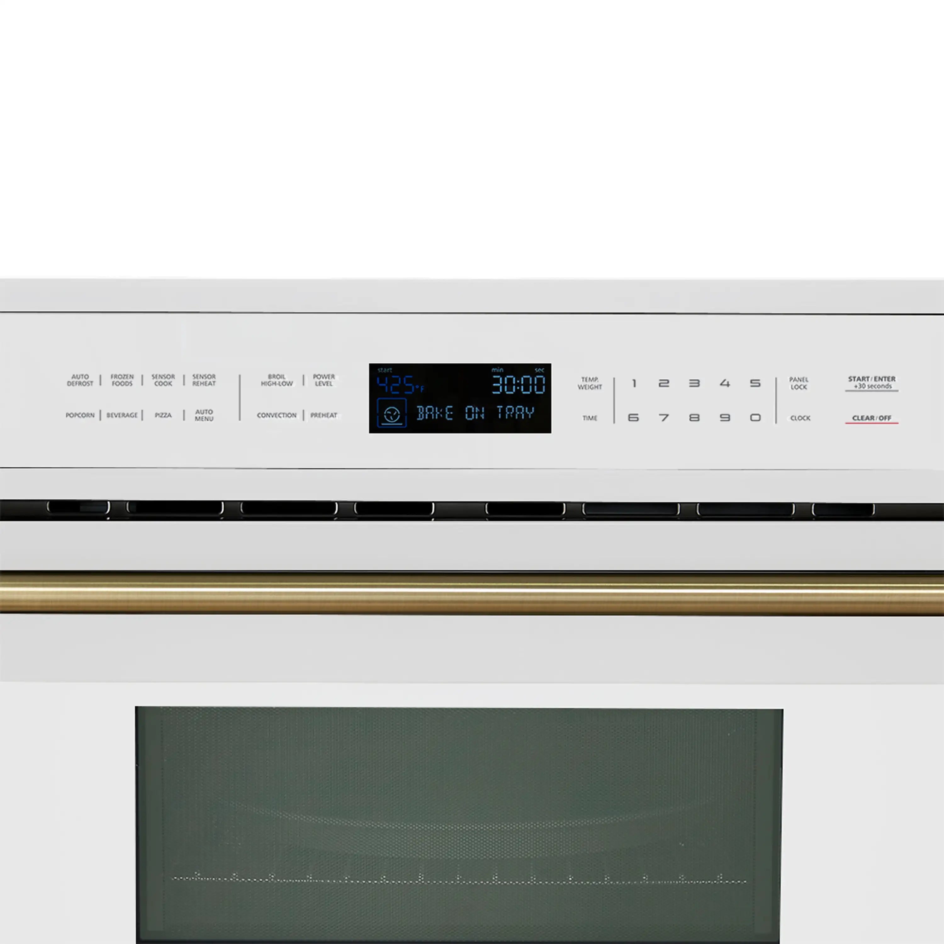White microwave with dark glass door and digital display