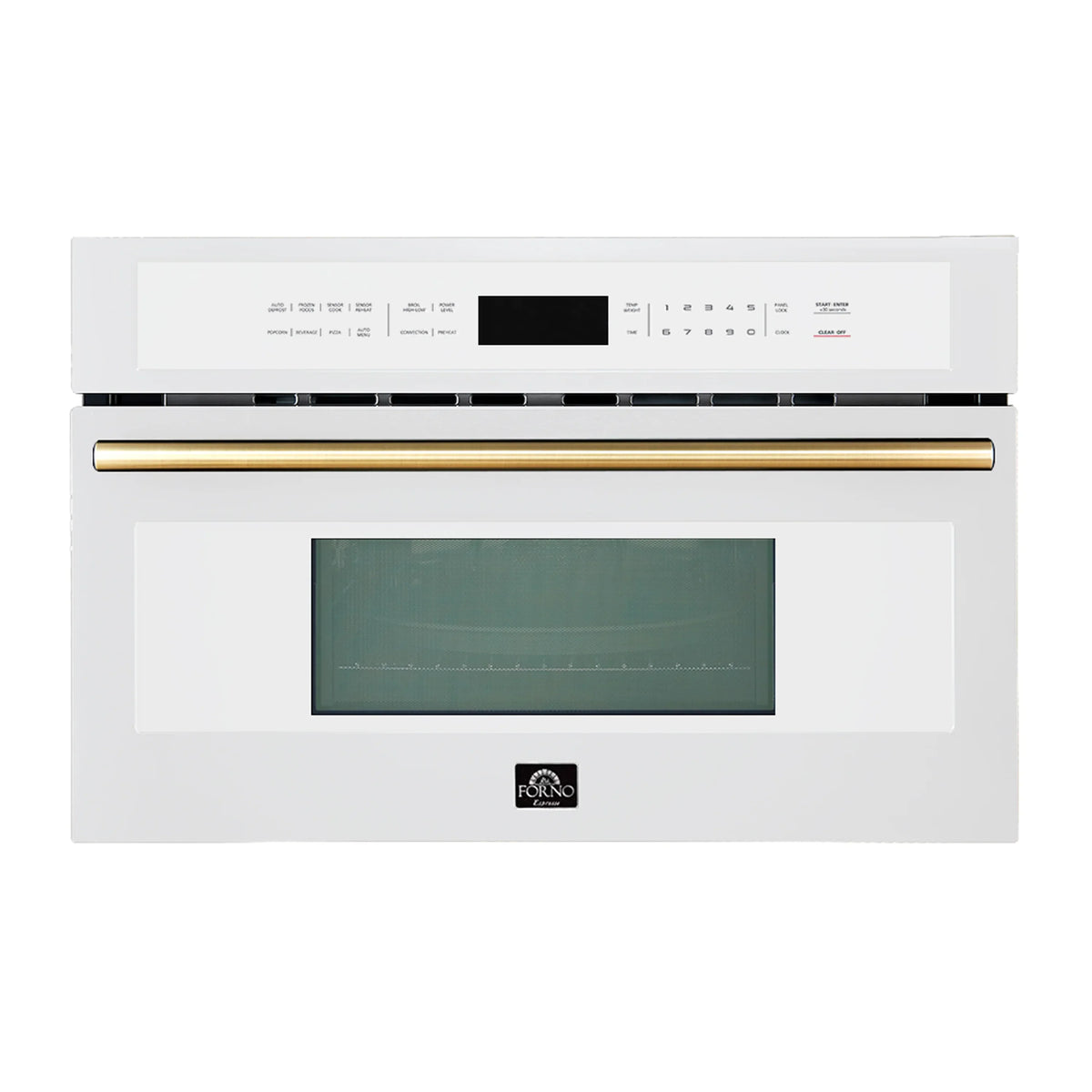 White microwave oven with green display window and antique brass handle