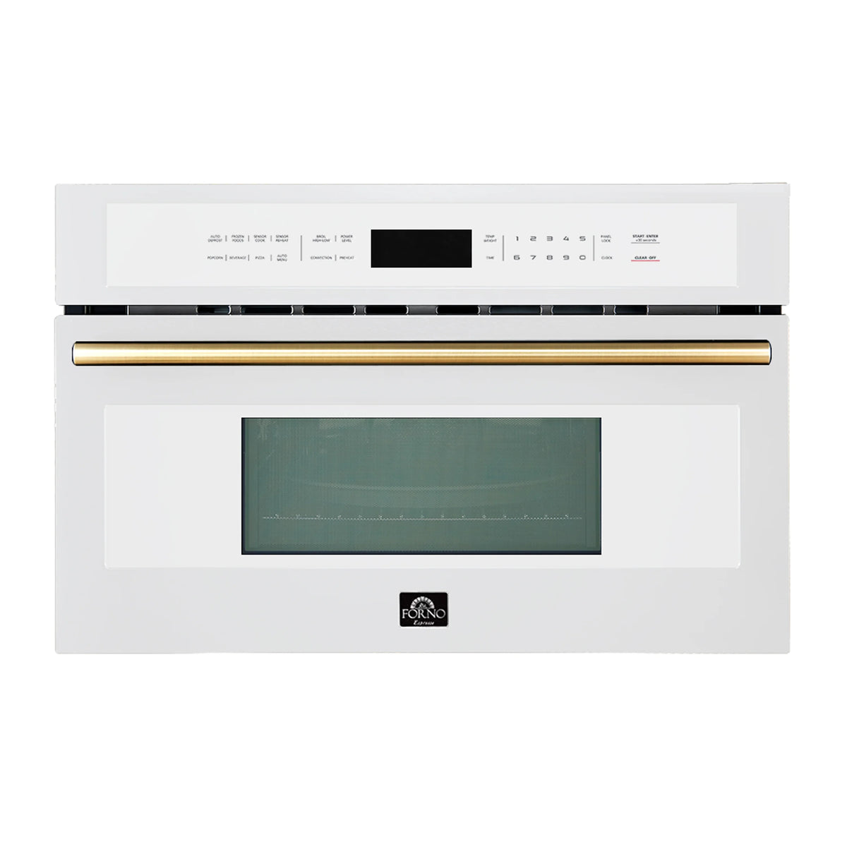 White gas range with brass handle and digital control panel, oven door closed