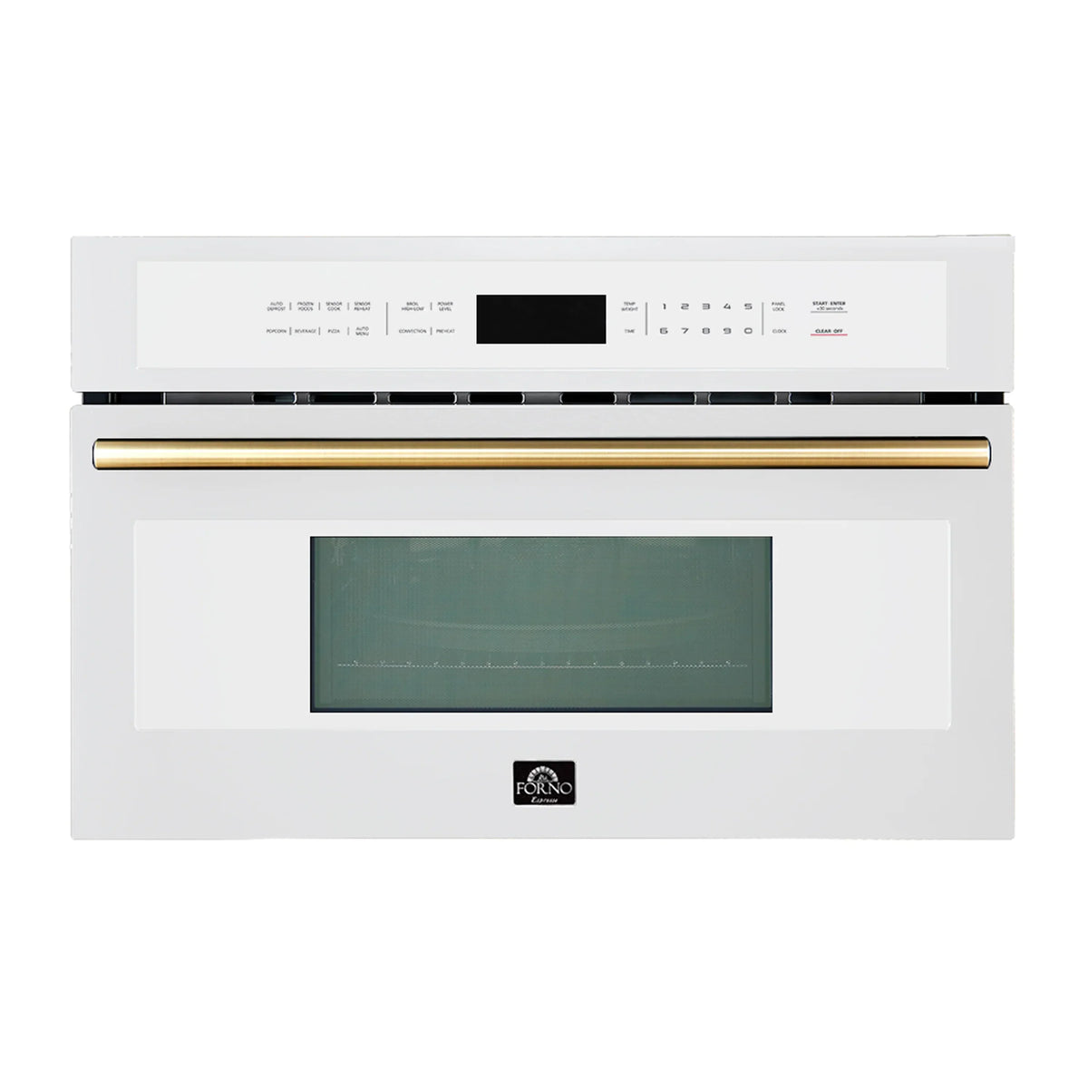 White wall oven with antique brass handle and rectangular control and display panel