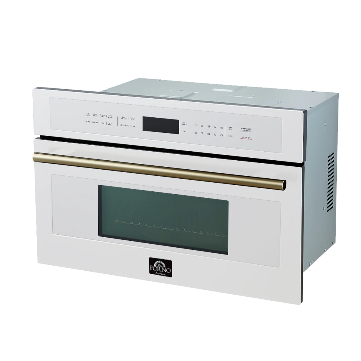 White built-in microwave oven with black display and antique brass trim