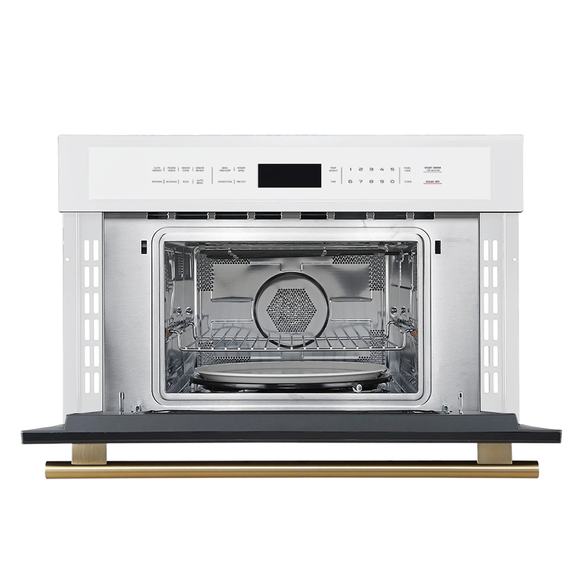 Microwave oven with open door showing stainless interior and wire rack