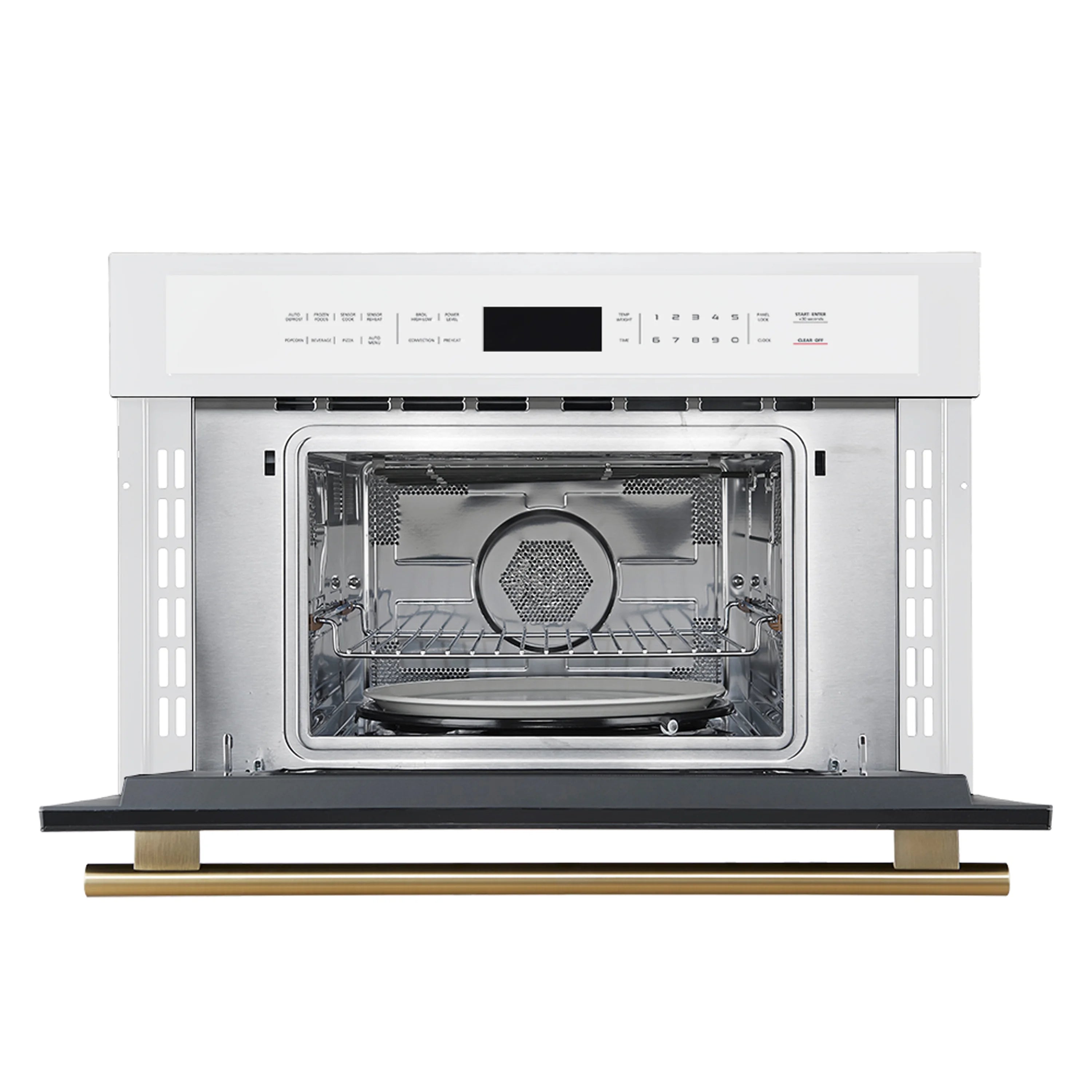 White single wall oven with open door and cookware on oven rack