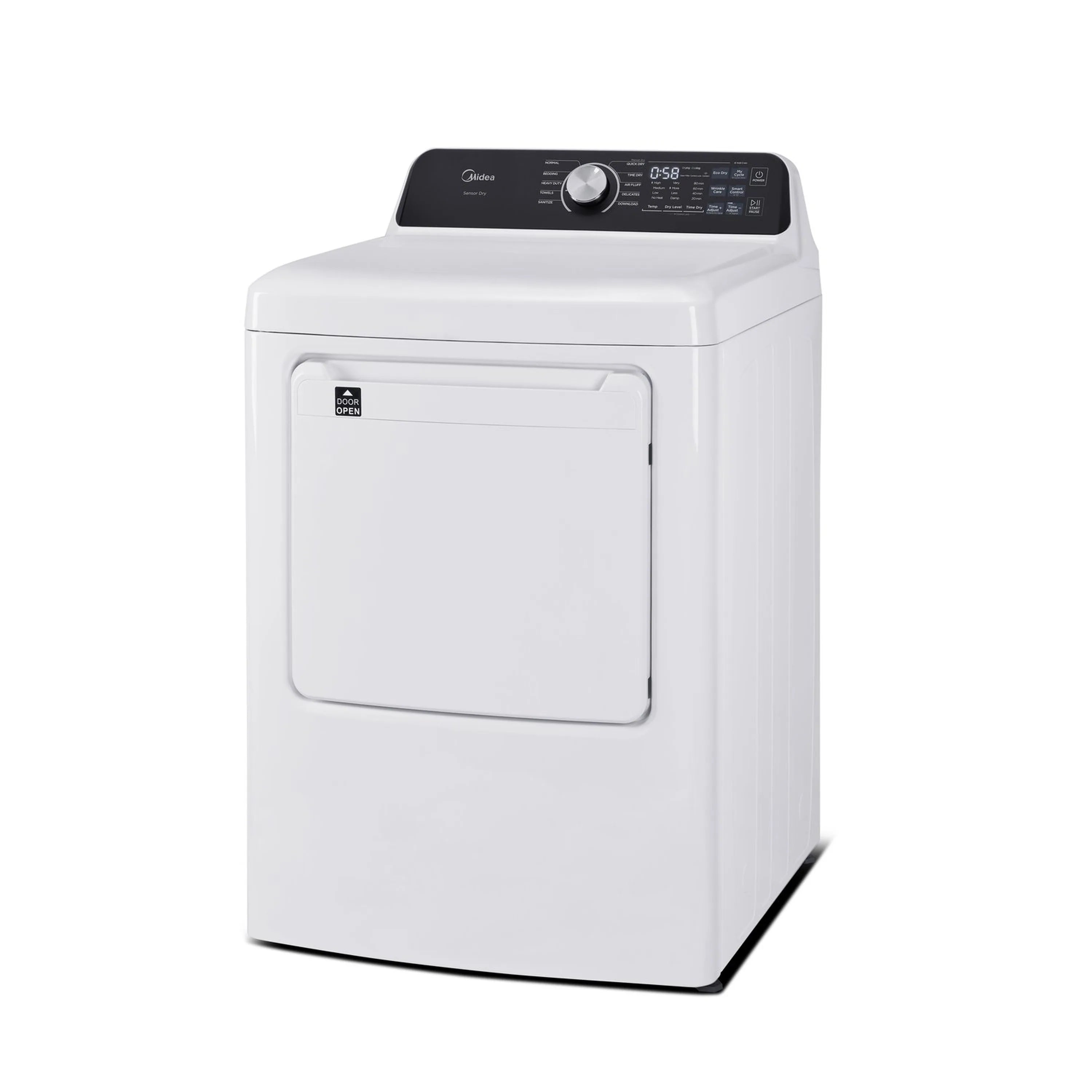 White electric clothes dryer with closed door and front control panel