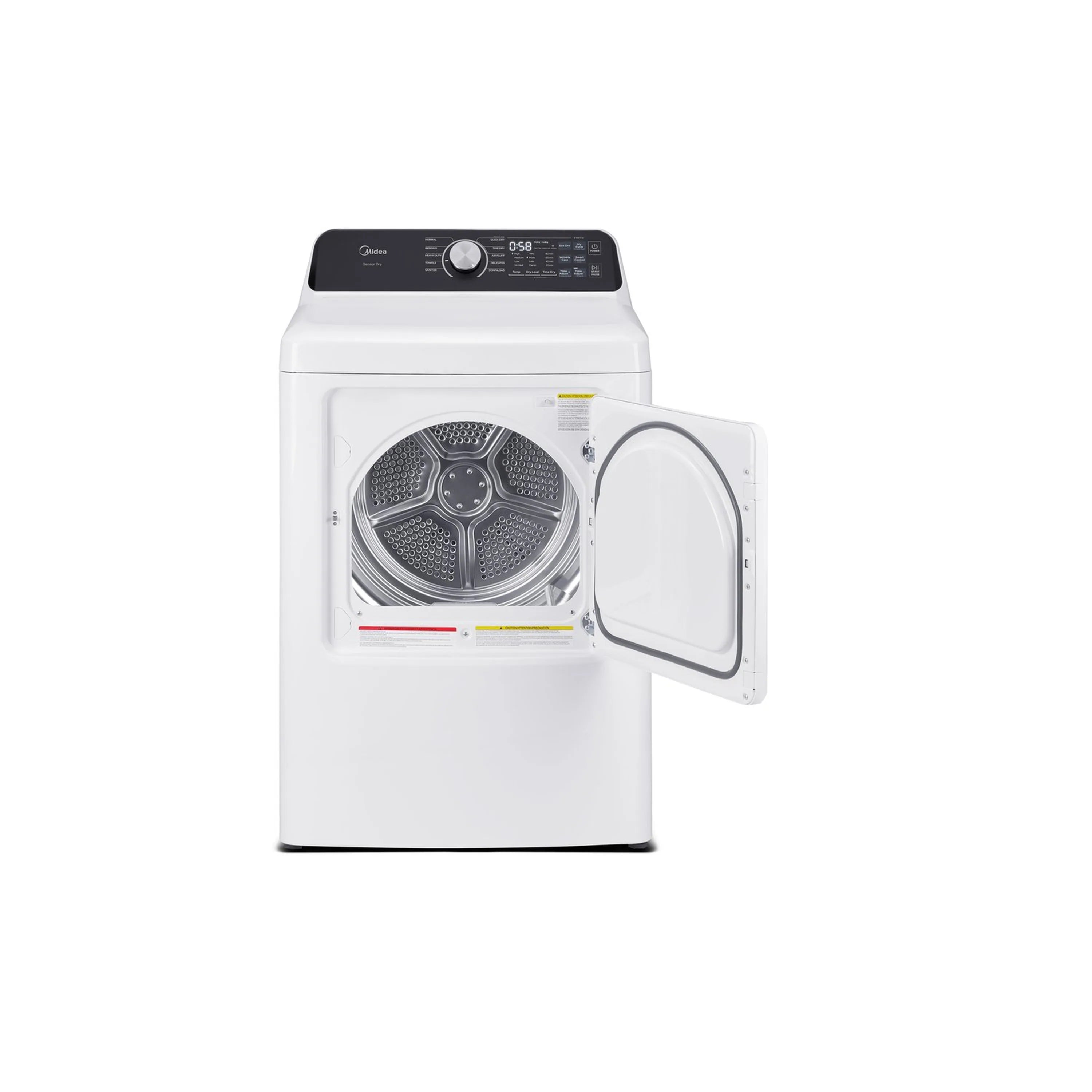 White electric clothes dryer with open door and stainless drum