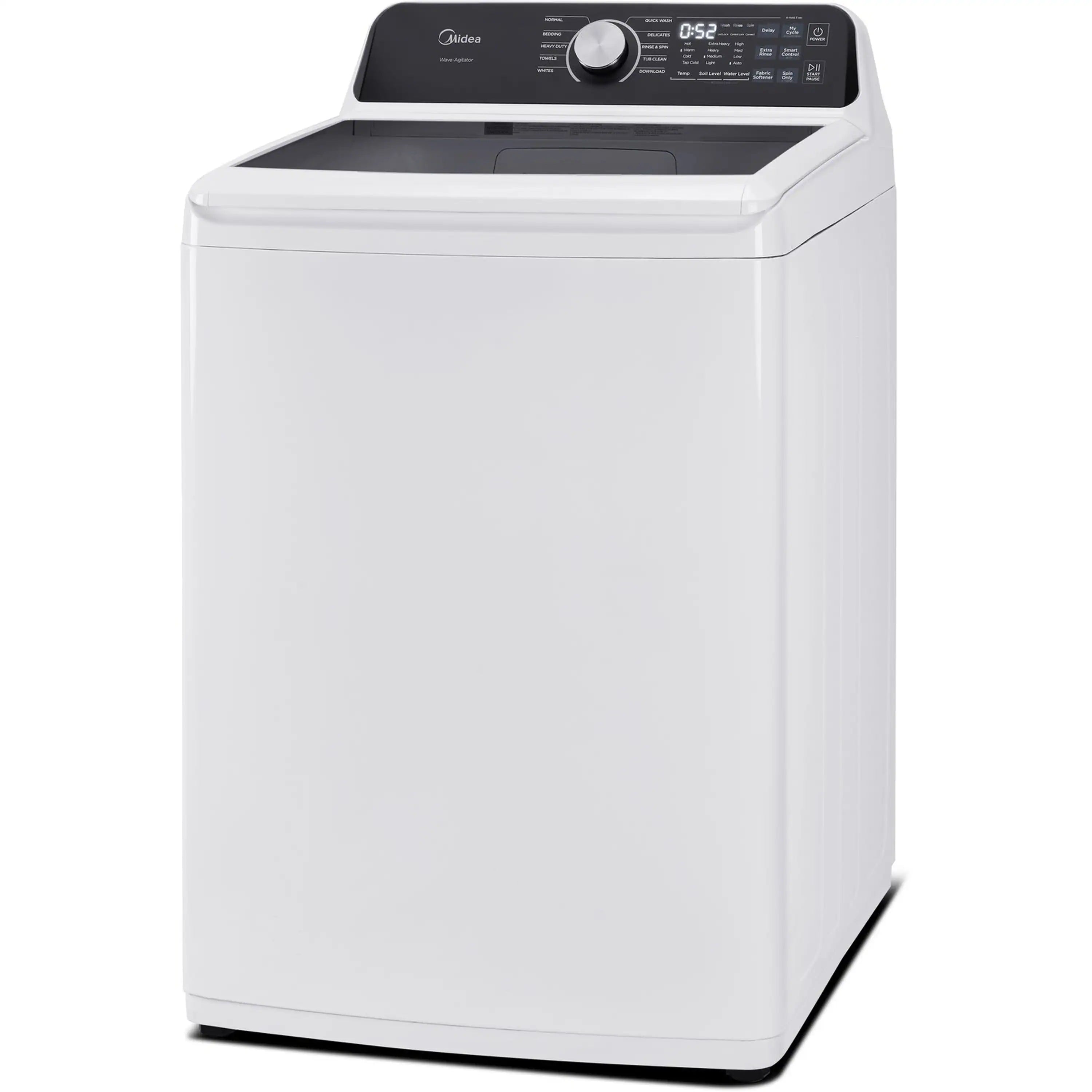 White Midea top-load washer side view with top control panel
