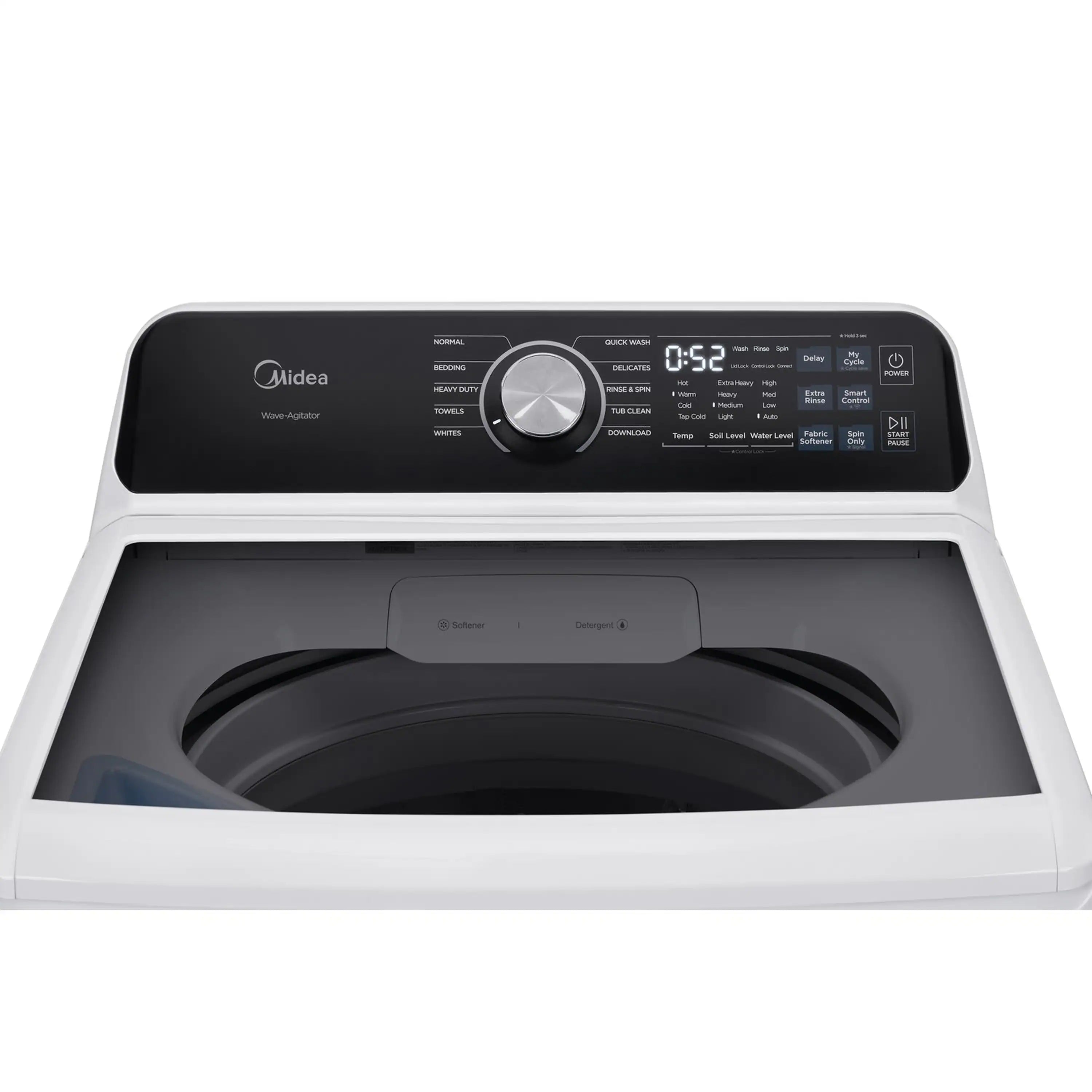 Top view of white Midea top-load washer with black control panel and lid
