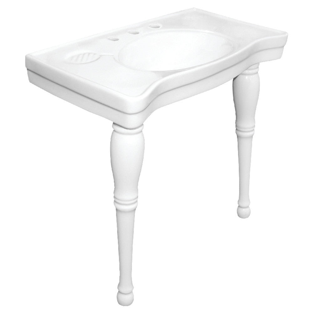 White ceramic console sink with legs, rectangular top, single basin and 3 faucet holes