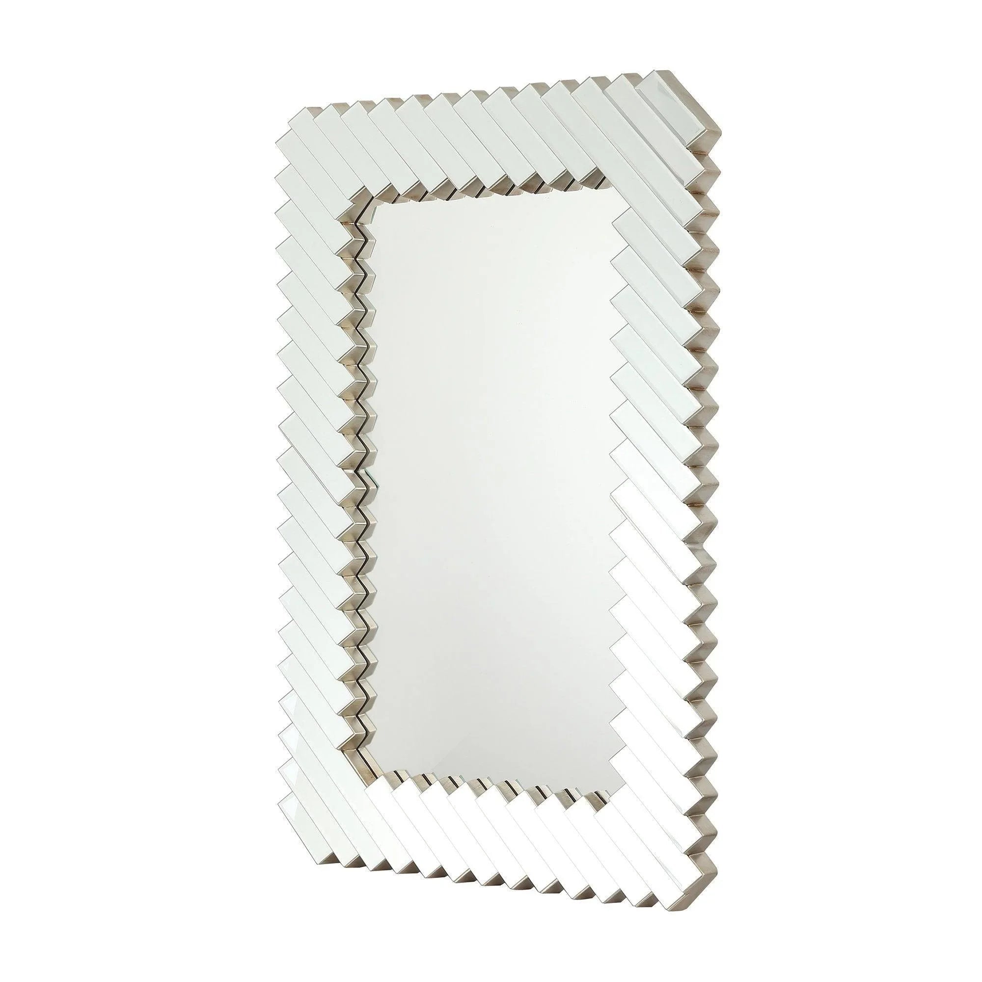 Rectangular mirror with white-and-silver zigzag framed edge and reflective center