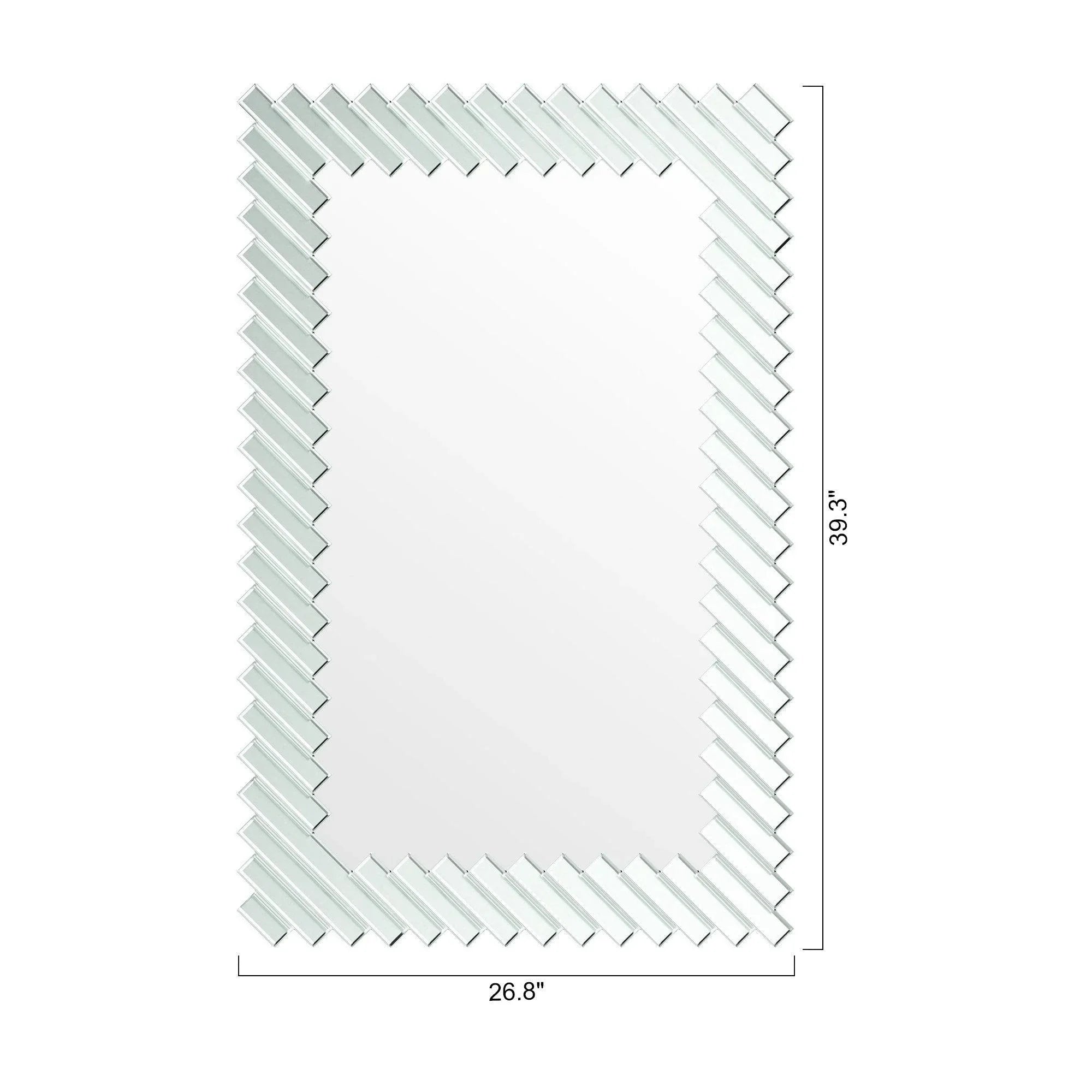 Front view of rectangular mirror with silver zigzag slat frame and clear reflective glass